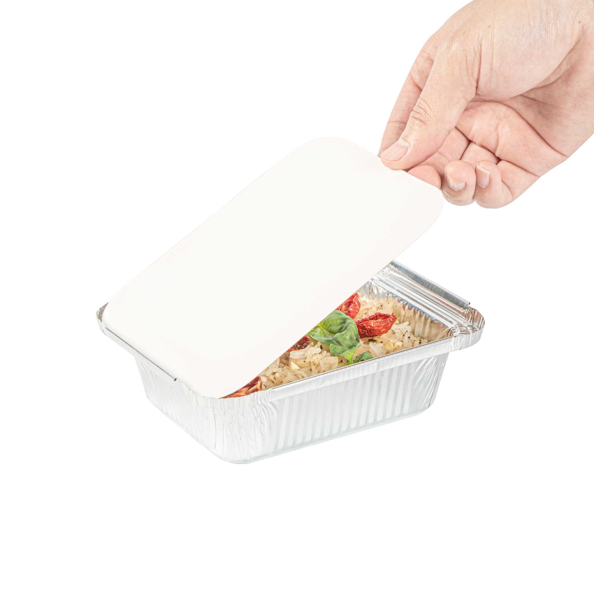 Foil Lux Oblong White Foil-Laminated Board Lid - Fits 1 lb Container - 100 count box