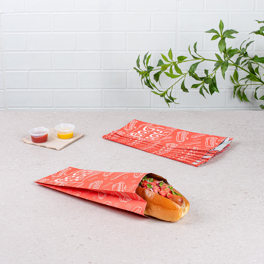 Bag Tek Red Paper Printed Hot Dog Foil Bag - Pint Size - 4 1/2" x 2" x 11 1/2" - 100 count box