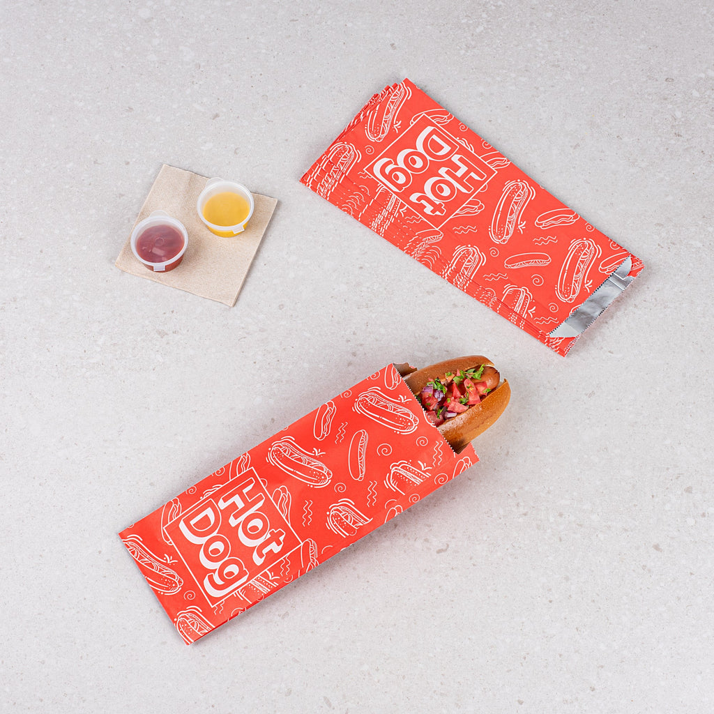 Bag Tek Red Paper Printed Hot Dog Foil Bag - Pint Size - 4 1/2" x 2" x 11 1/2" - 100 count box
