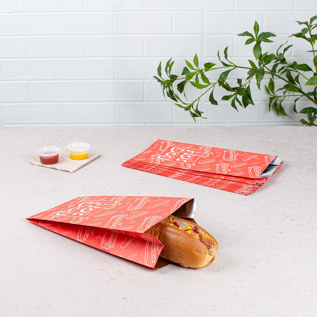 Bag Tek Red Paper Printed Hot Dog Foil Bag - Qt. Size - 5 1/2" x 3 1/4" x 12" - 100 count box