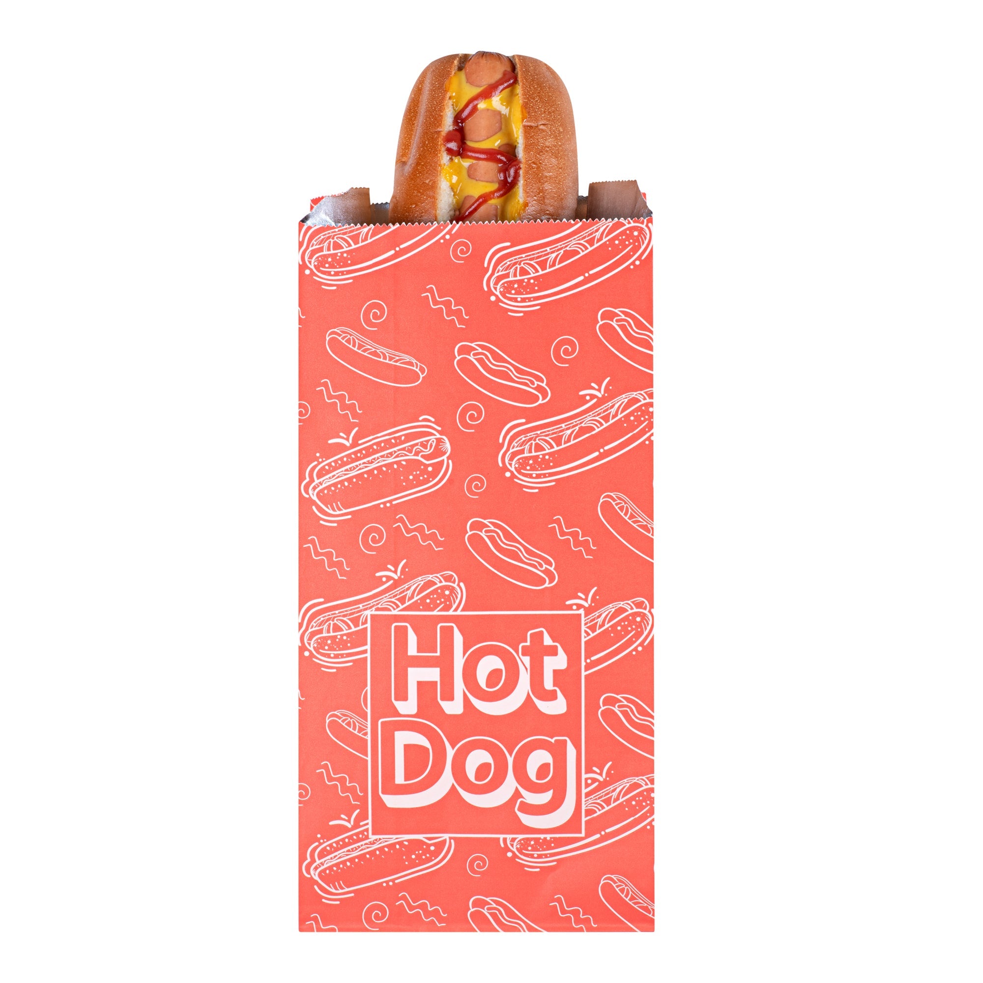 Bag Tek Red Paper Printed Hot Dog Foil Bag - Qt. Size - 5 1/2" x 3 1/4" x 12" - 100 count box