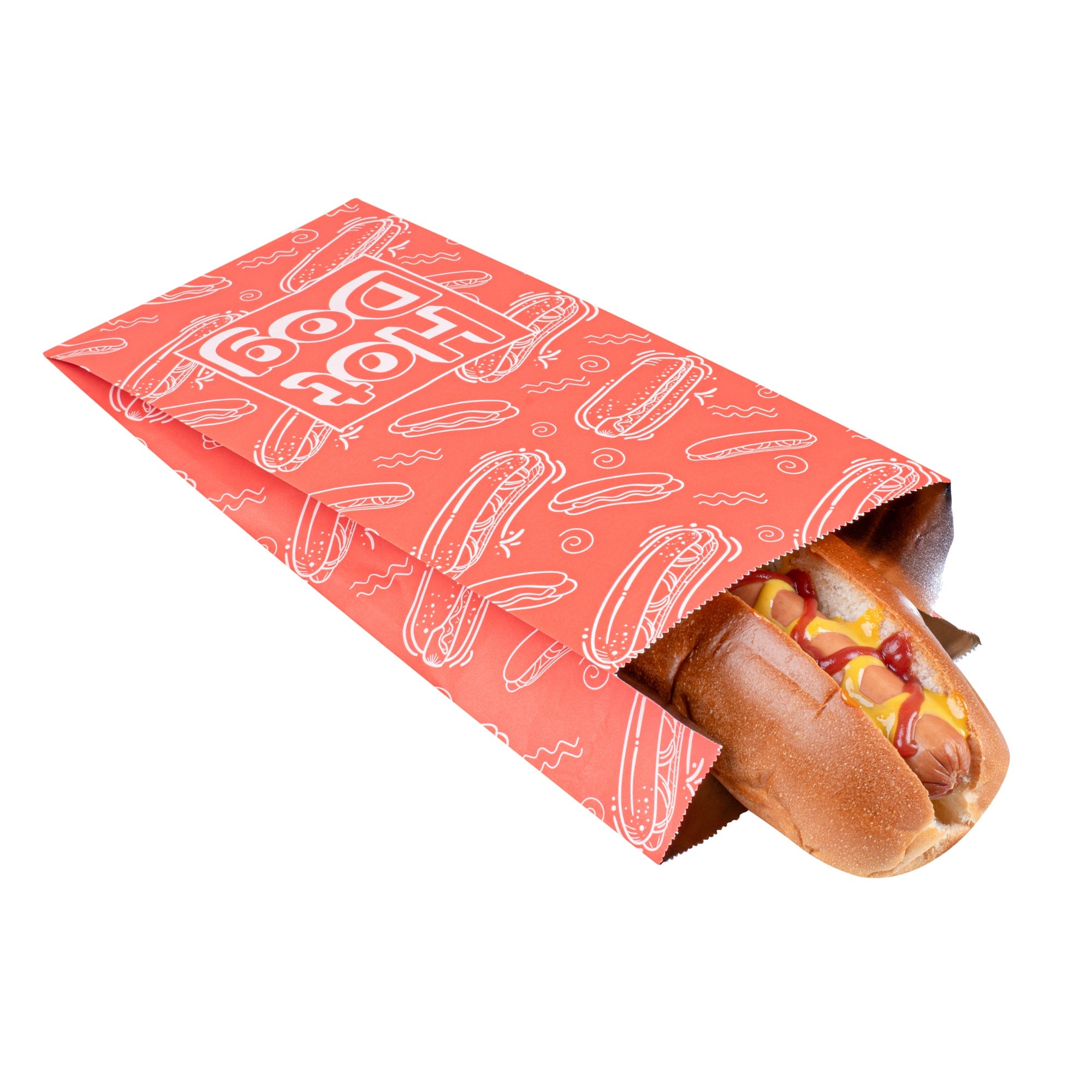 Bag Tek Red Paper Printed Hot Dog Foil Bag - Qt. Size - 5 1/2" x 3 1/4" x 12" - 100 count box