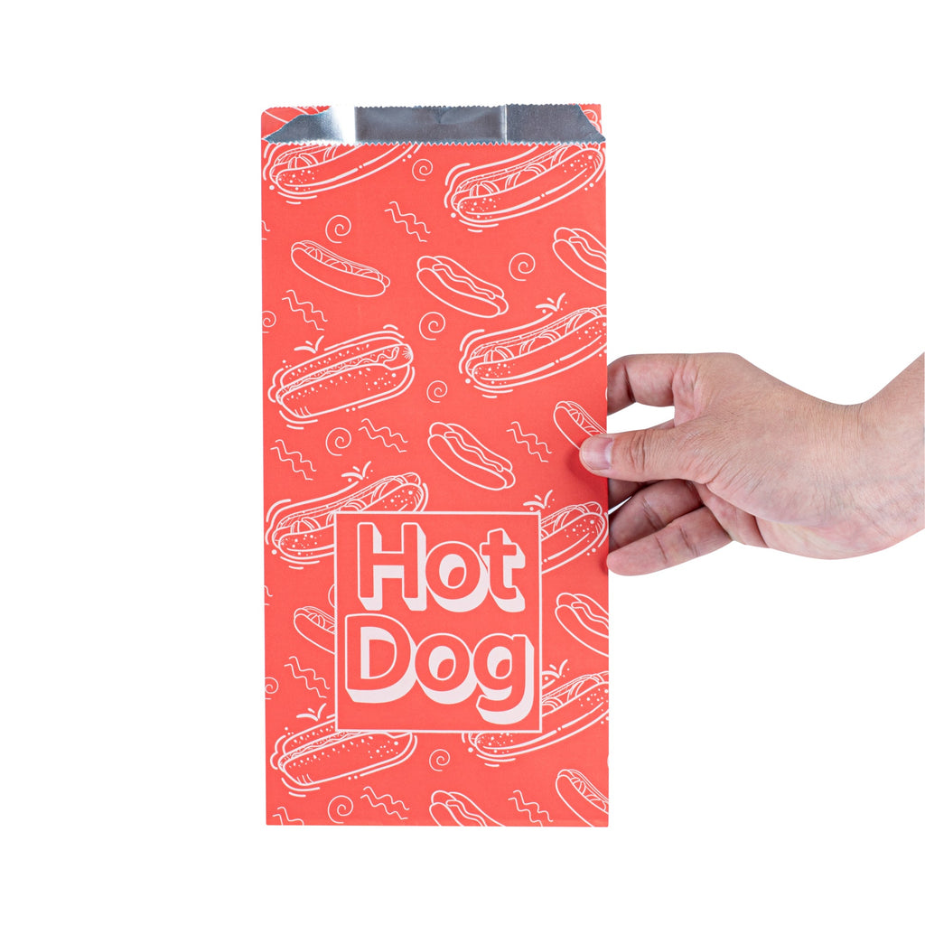 Bag Tek Red Paper Printed Hot Dog Foil Bag - Qt. Size - 5 1/2" x 3 1/4" x 12" - 100 count box