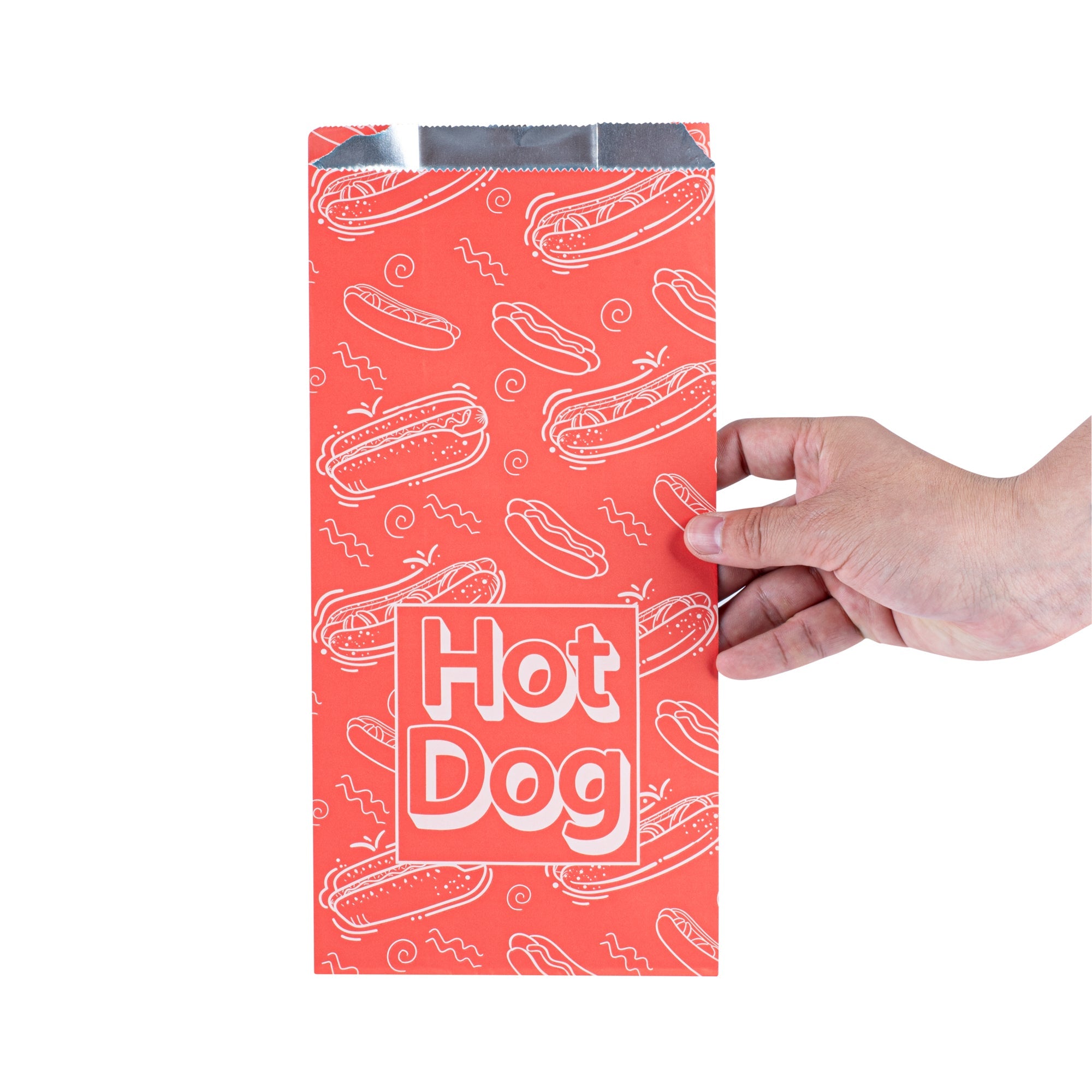 Bag Tek Red Paper Printed Hot Dog Foil Bag - Qt. Size - 5 1/2" x 3 1/4" x 12" - 100 count box
