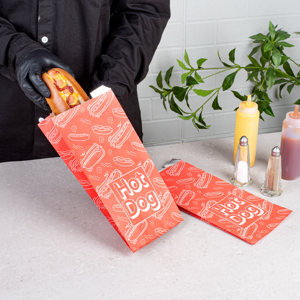 Bag Tek Red Paper Printed Hot Dog Foil Bag - Qt. Size - 5 1/2" x 3 1/4" x 12" - 100 count box