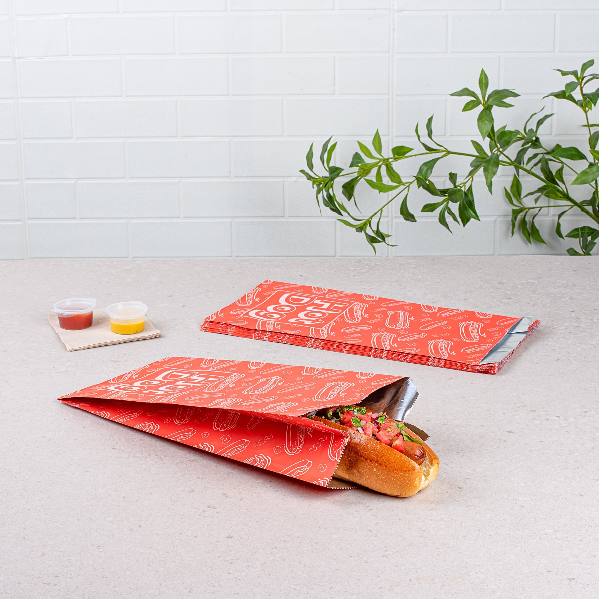 Bag Tek Red Paper Printed Hot Dog Foil Bag - 1/2 Gallon - 4 1/4" x 6 1/2" x 14 1/2" - 100 count box