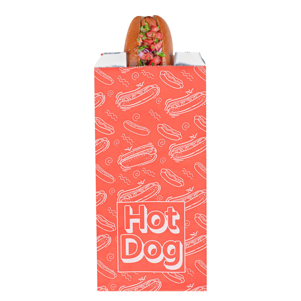 Bag Tek Red Paper Printed Hot Dog Foil Bag - 1/2 Gallon - 4 1/4" x 6 1/2" x 14 1/2" - 100 count box