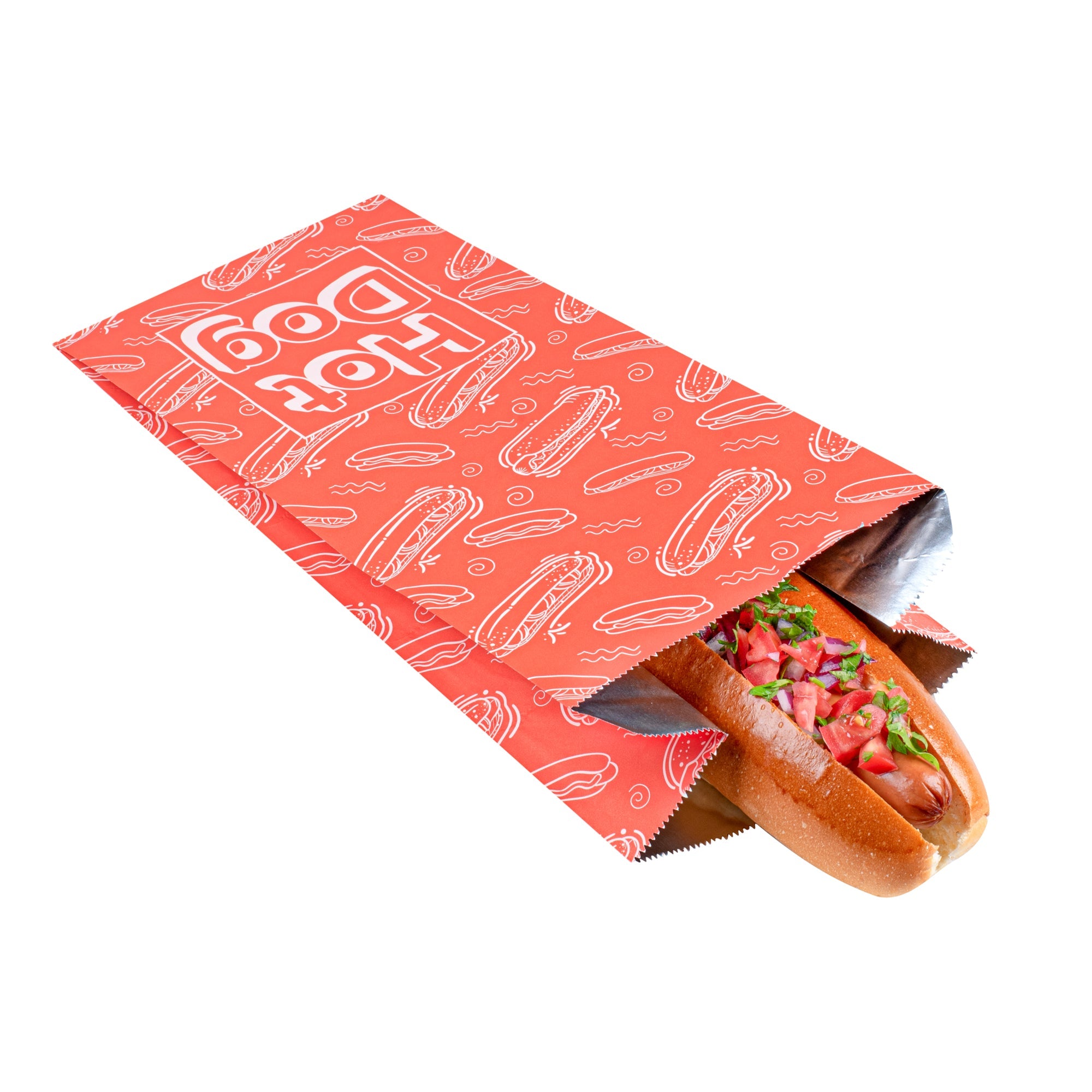 Bag Tek Red Paper Printed Hot Dog Foil Bag - 1/2 Gallon - 4 1/4" x 6 1/2" x 14 1/2" - 100 count box