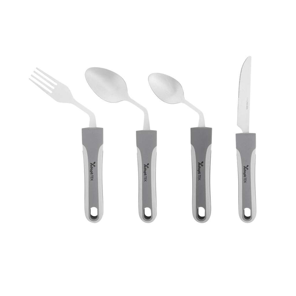 Adapt Tek Gray Stainless Steel 4-Piece Adaptive Offset Utensil Set - Right Hand, Lightweight, Non-Slip - 1 count box