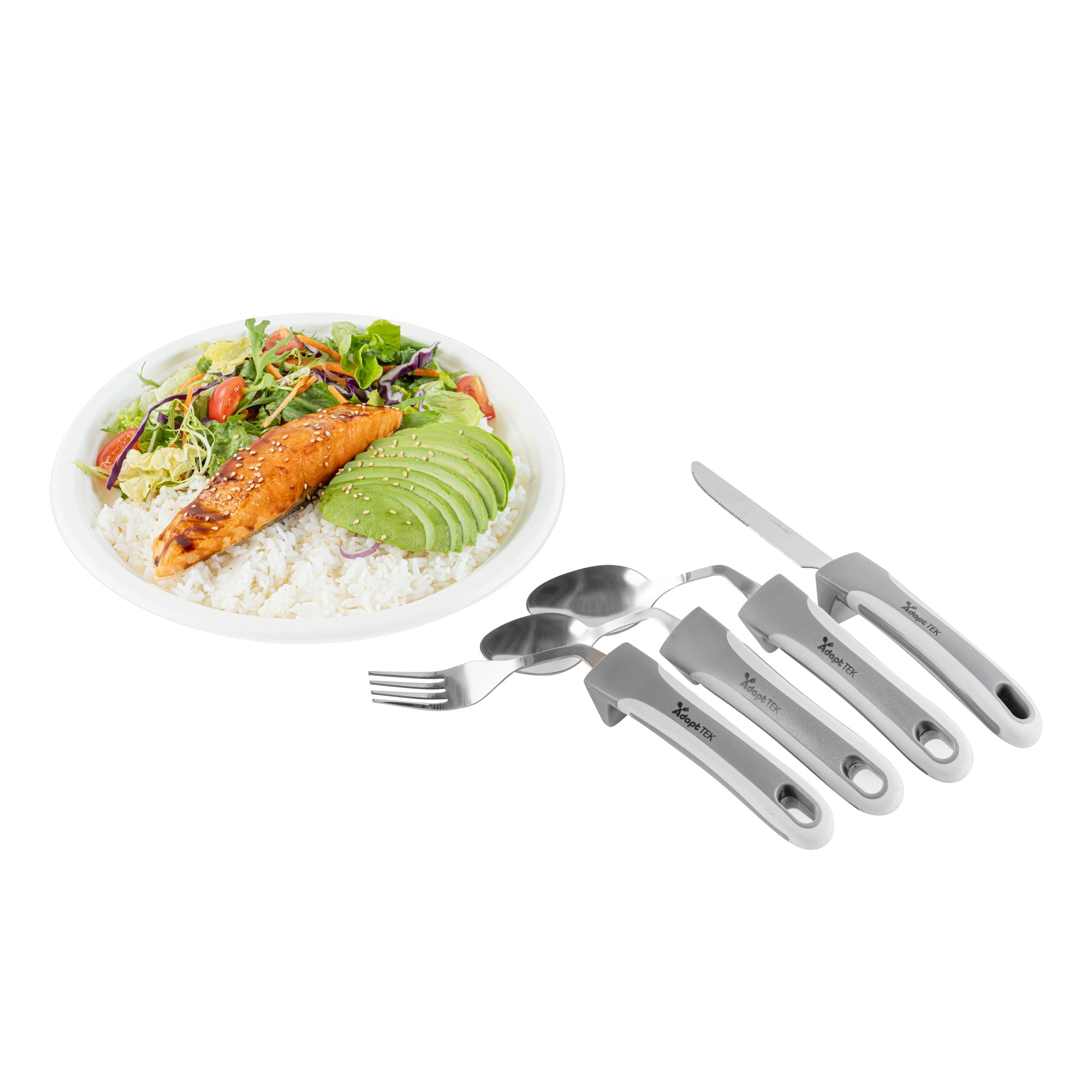 Adapt Tek Gray Stainless Steel 4-Piece Adaptive Offset Utensil Set - Right Hand, Lightweight, Non-Slip - 1 count box