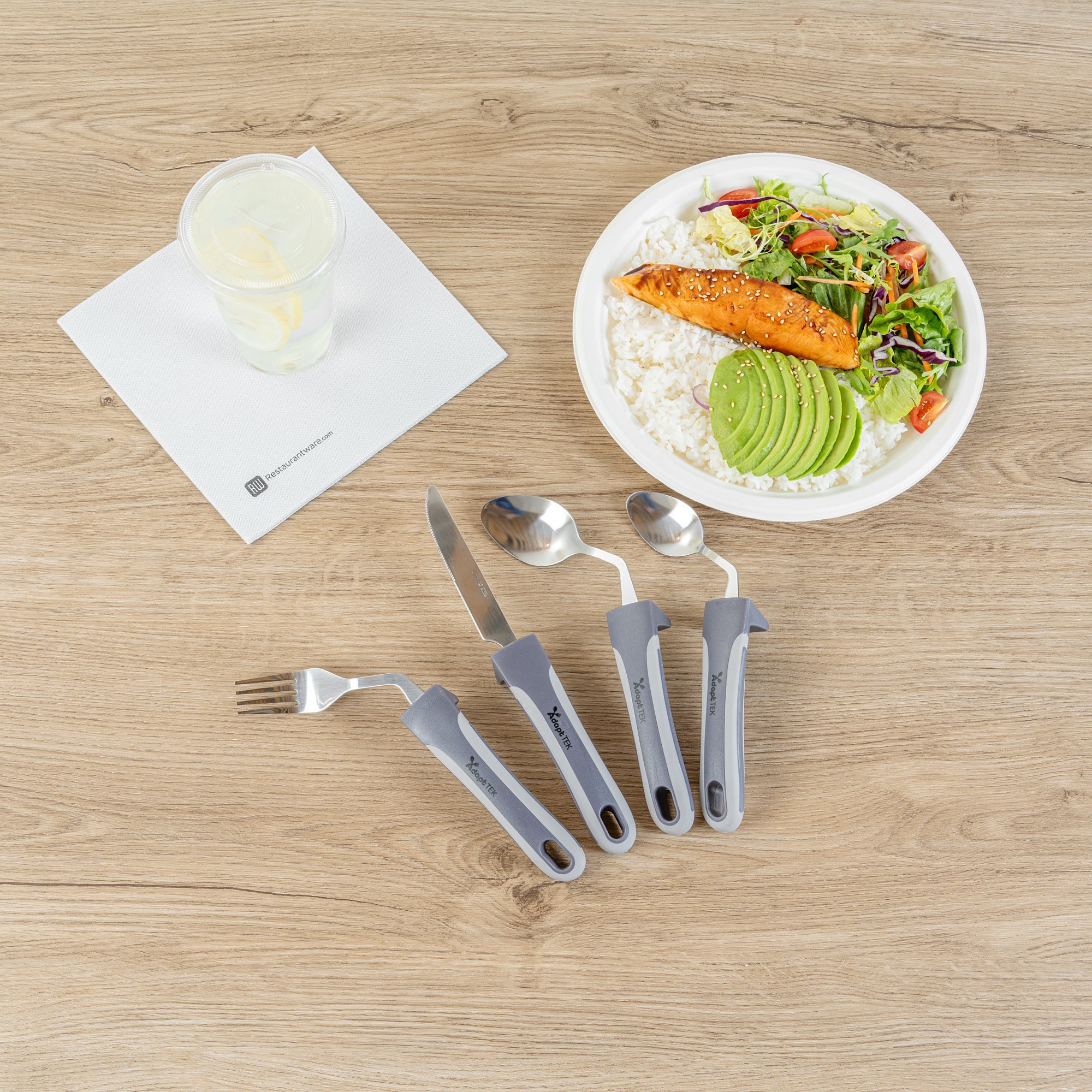 Adapt Tek Gray Stainless Steel 4-Piece Adaptive Offset Utensil Set - Right Hand, Lightweight, Non-Slip - 1 count box