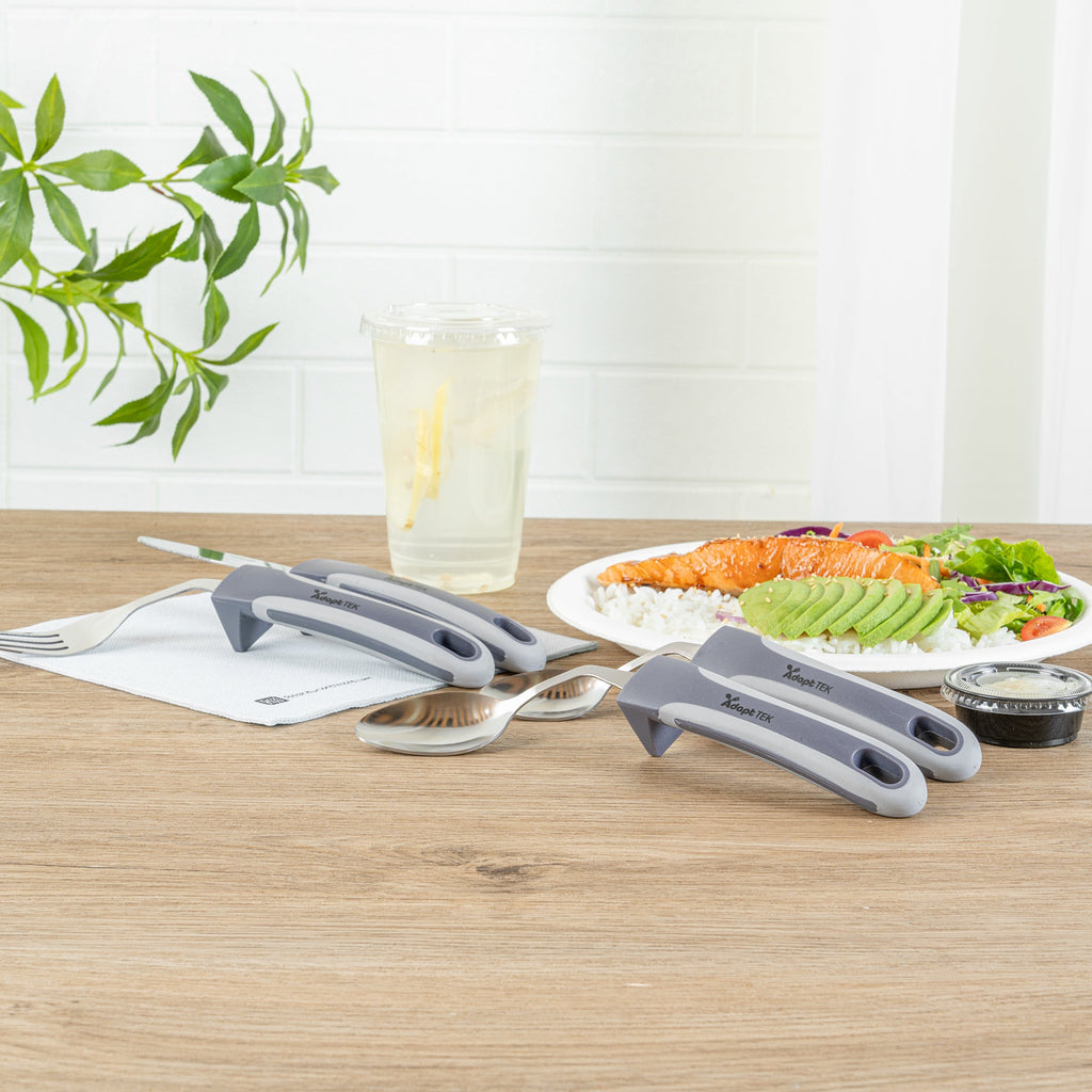 Adapt Tek Gray Stainless Steel 4-Piece Adaptive Offset Utensil Set - Right Hand, Lightweight, Non-Slip - 1 count box