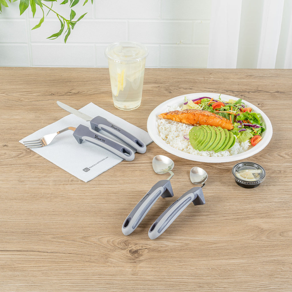 Adapt Tek Gray Stainless Steel 4-Piece Adaptive Offset Utensil Set - Right Hand, Lightweight, Non-Slip - 1 count box