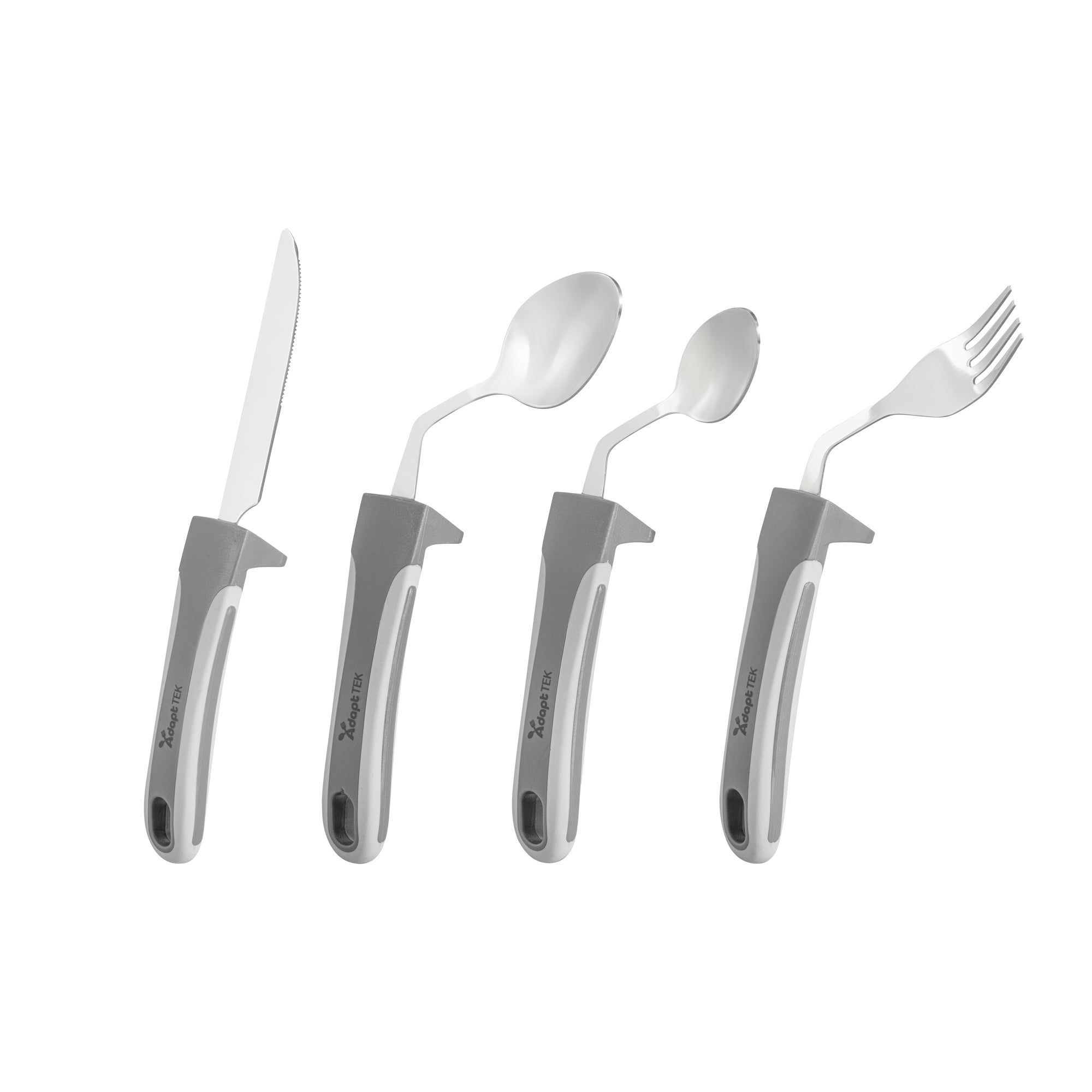 Adapt Tek Gray Stainless Steel 4-Piece Adaptive Offset Utensil Set - Left Hand, Lightweight, Non-Slip - 1 count box