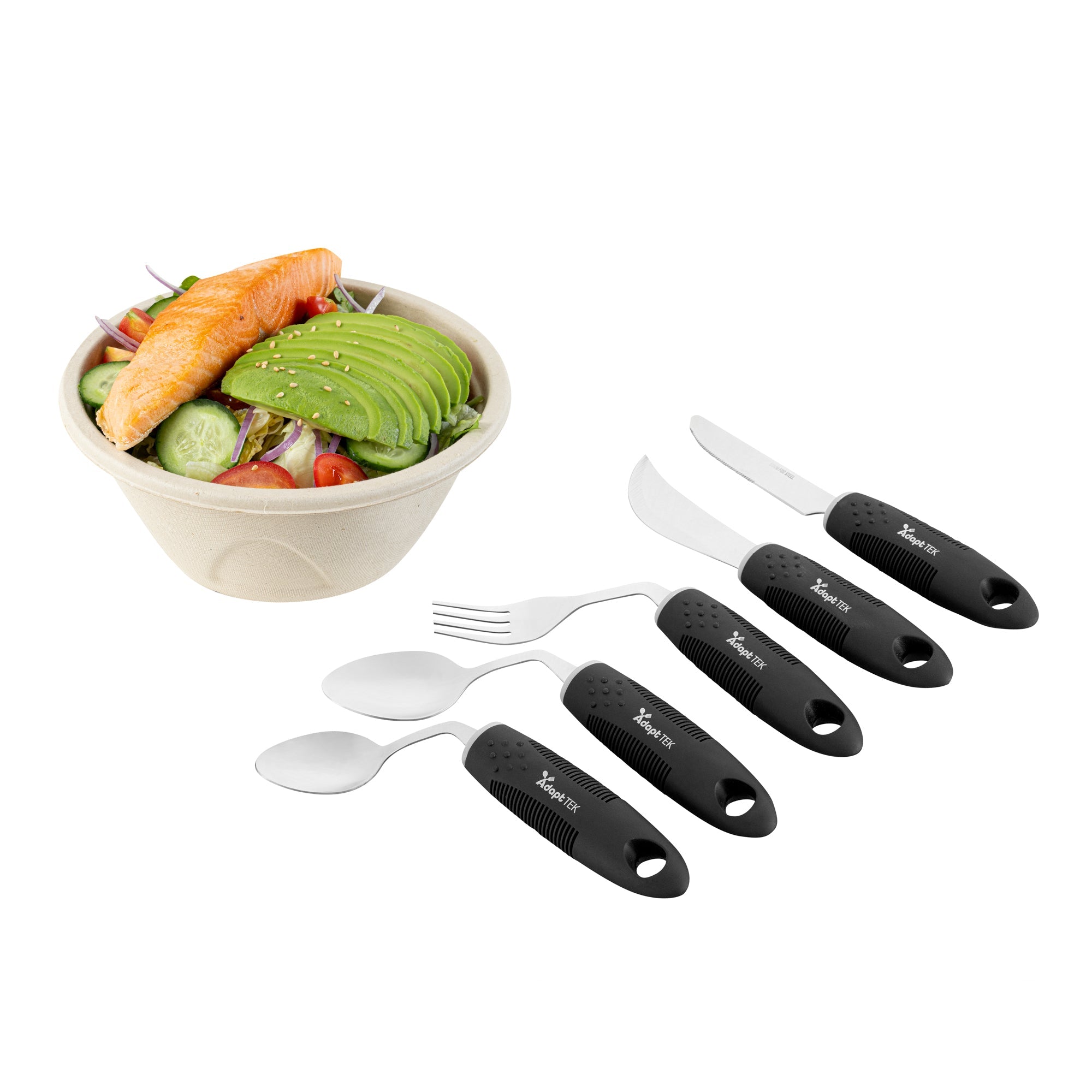 Adapt Tek Black Stainless Steel 5-Piece Adaptive Offset Utensil Set - Right Hand, Lightweight, Non-Slip - 1 count box