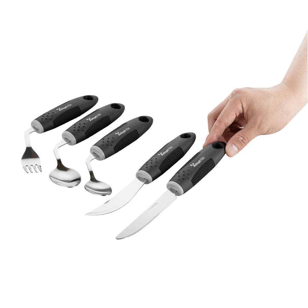 Adapt Tek Black Stainless Steel 5-Piece Adaptive Offset Utensil Set - Right Hand, Lightweight, Non-Slip - 1 count box