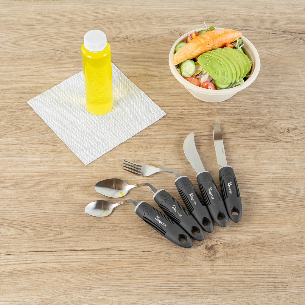 Adapt Tek Black Stainless Steel 5-Piece Adaptive Offset Utensil Set - Right Hand, Lightweight, Non-Slip - 1 count box