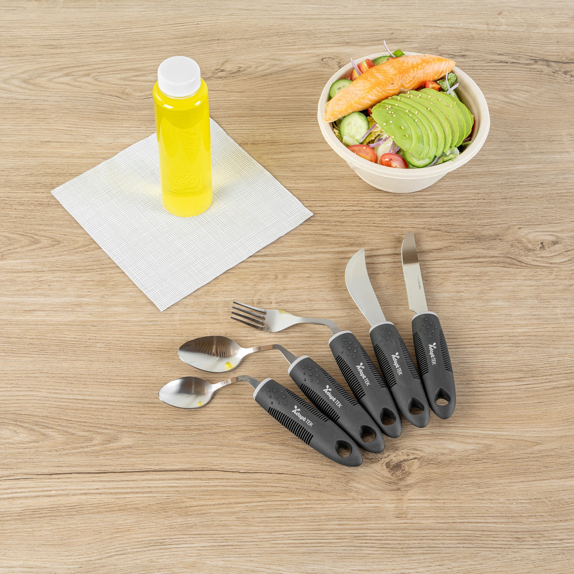 Adapt Tek Black Stainless Steel 5-Piece Adaptive Offset Utensil Set - Right Hand, Lightweight, Non-Slip - 1 count box