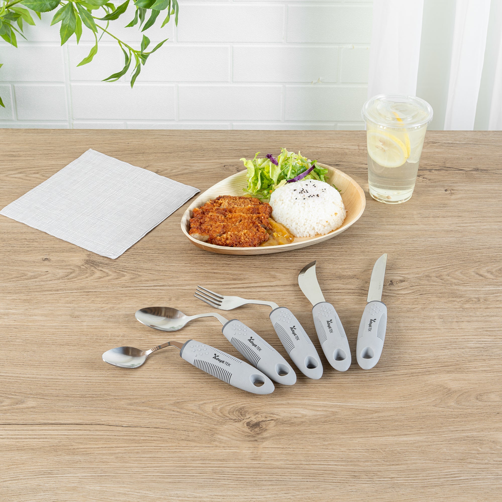 Adapt Tek Gray Stainless Steel 5-Piece Adaptive Offset Utensil Set - Right Hand, Lightweight, Non-Slip - 1 count box