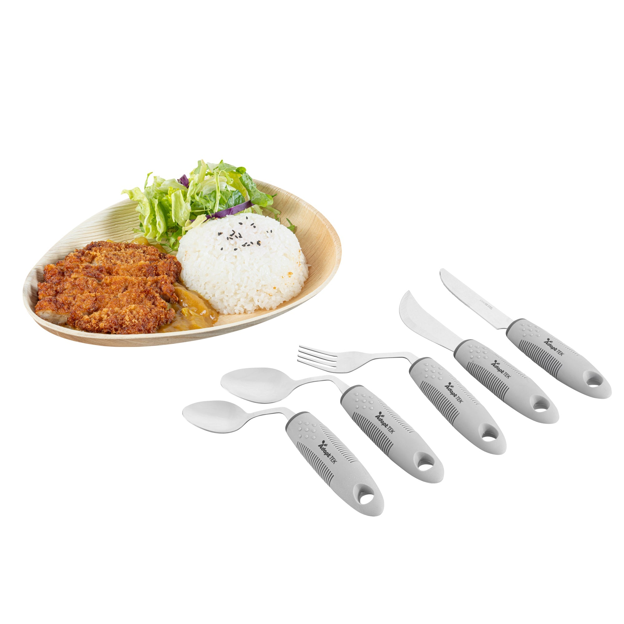 Adapt Tek Gray Stainless Steel 5-Piece Adaptive Offset Utensil Set - Right Hand, Lightweight, Non-Slip - 1 count box