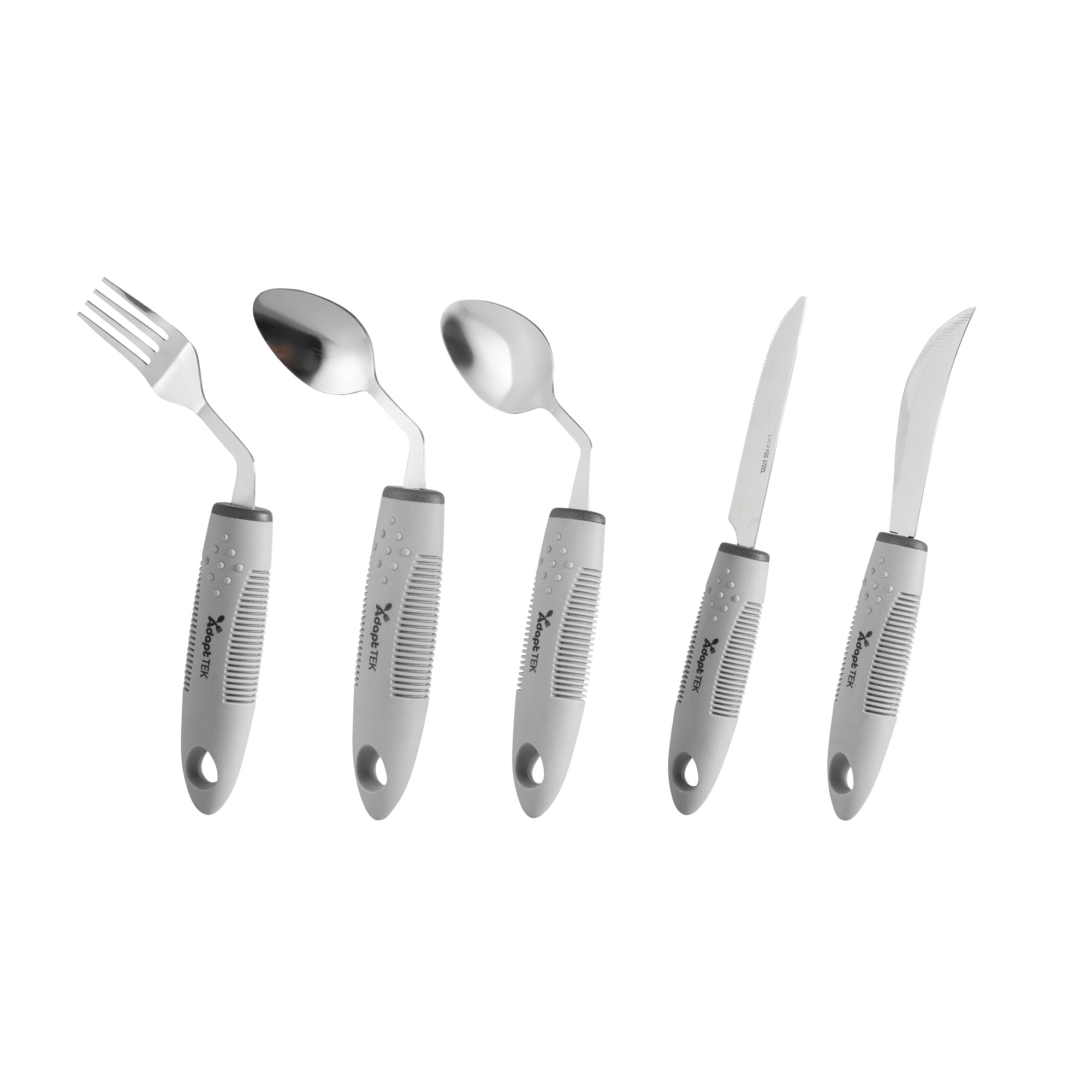 Adapt Tek Gray Stainless Steel 5-Piece Adaptive Offset Utensil Set - Right Hand, Lightweight, Non-Slip - 1 count box