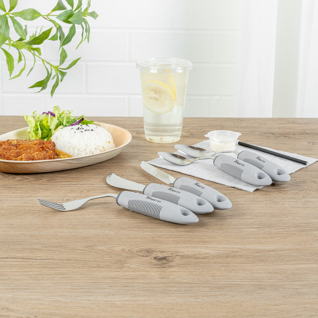 Adapt Tek Gray Stainless Steel 5-Piece Adaptive Offset Utensil Set - Right Hand, Lightweight, Non-Slip - 1 count box