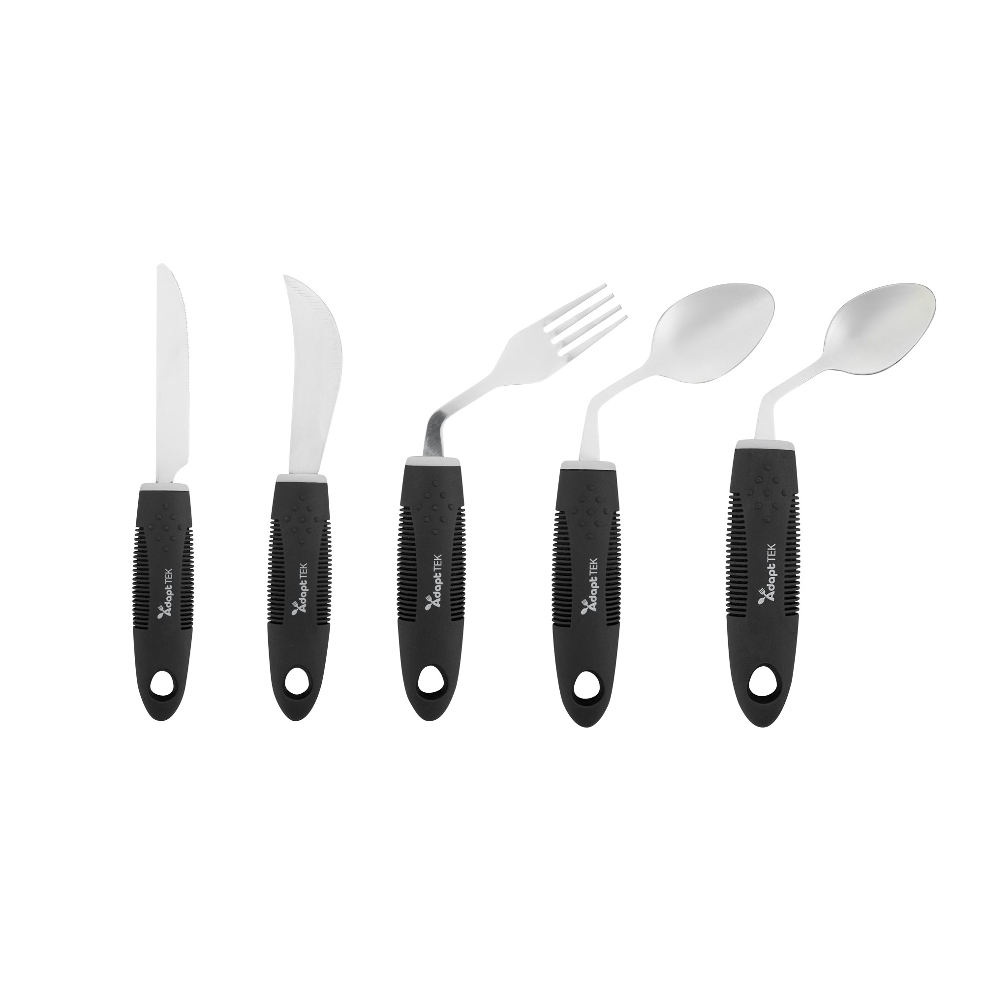 Adapt Tek Black Stainless Steel 5-Piece Adaptive Offset Utensil Set - Left Hand, Lightweight, Non-Slip - 1 count box