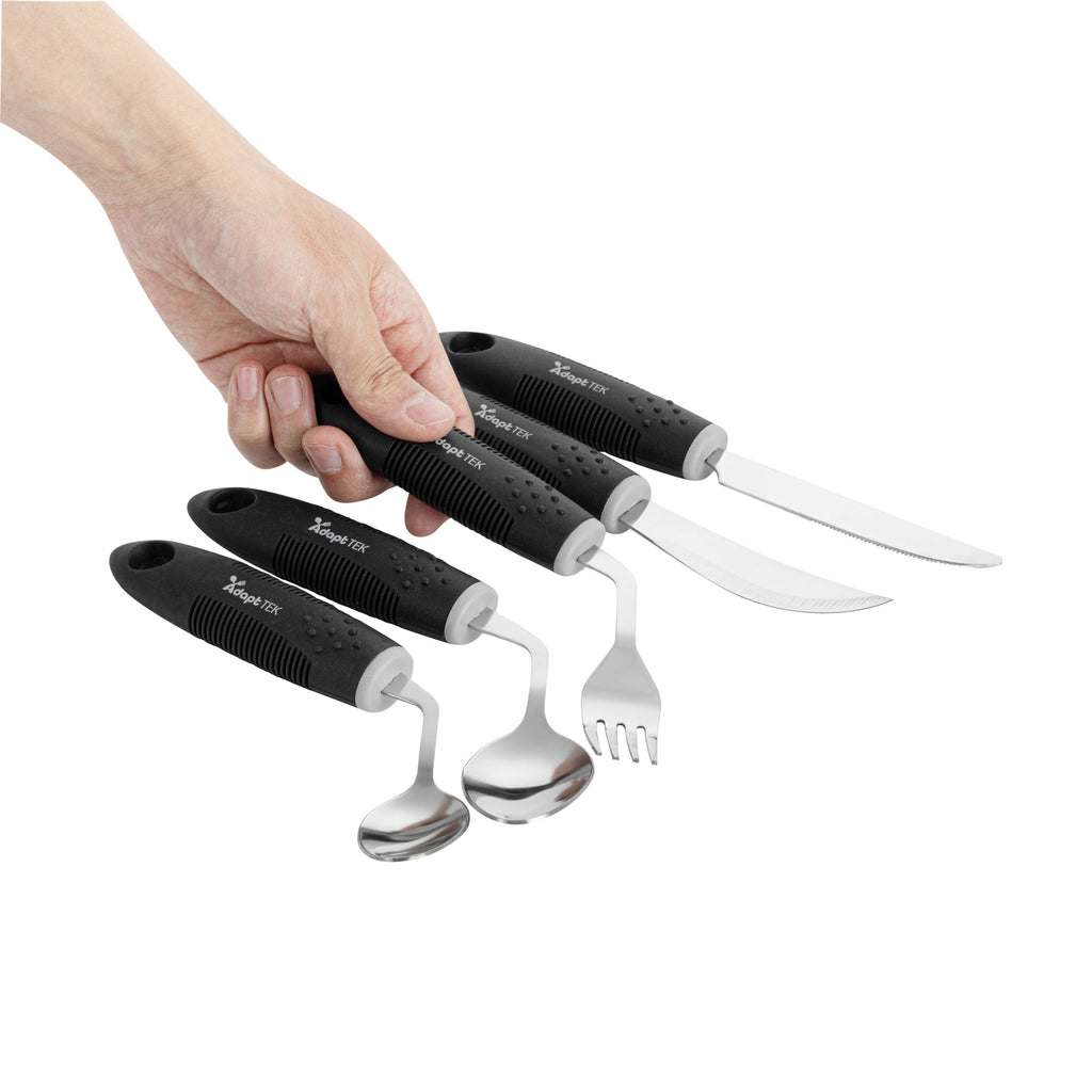 Adapt Tek Black Stainless Steel 5-Piece Adaptive Offset Utensil Set - Left Hand, Lightweight, Non-Slip - 1 count box