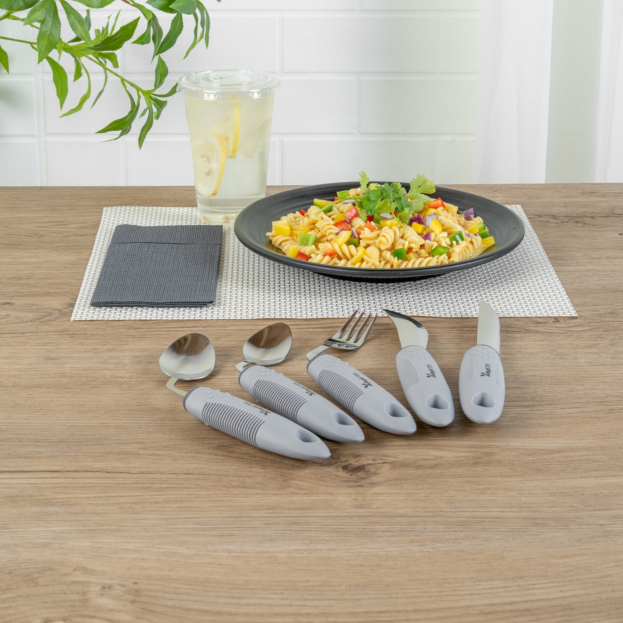 Adapt Tek Gray Stainless Steel 5-Piece Adaptive Offset Utensil Set - Left Hand, Lightweight, Non-Slip - 1 count box