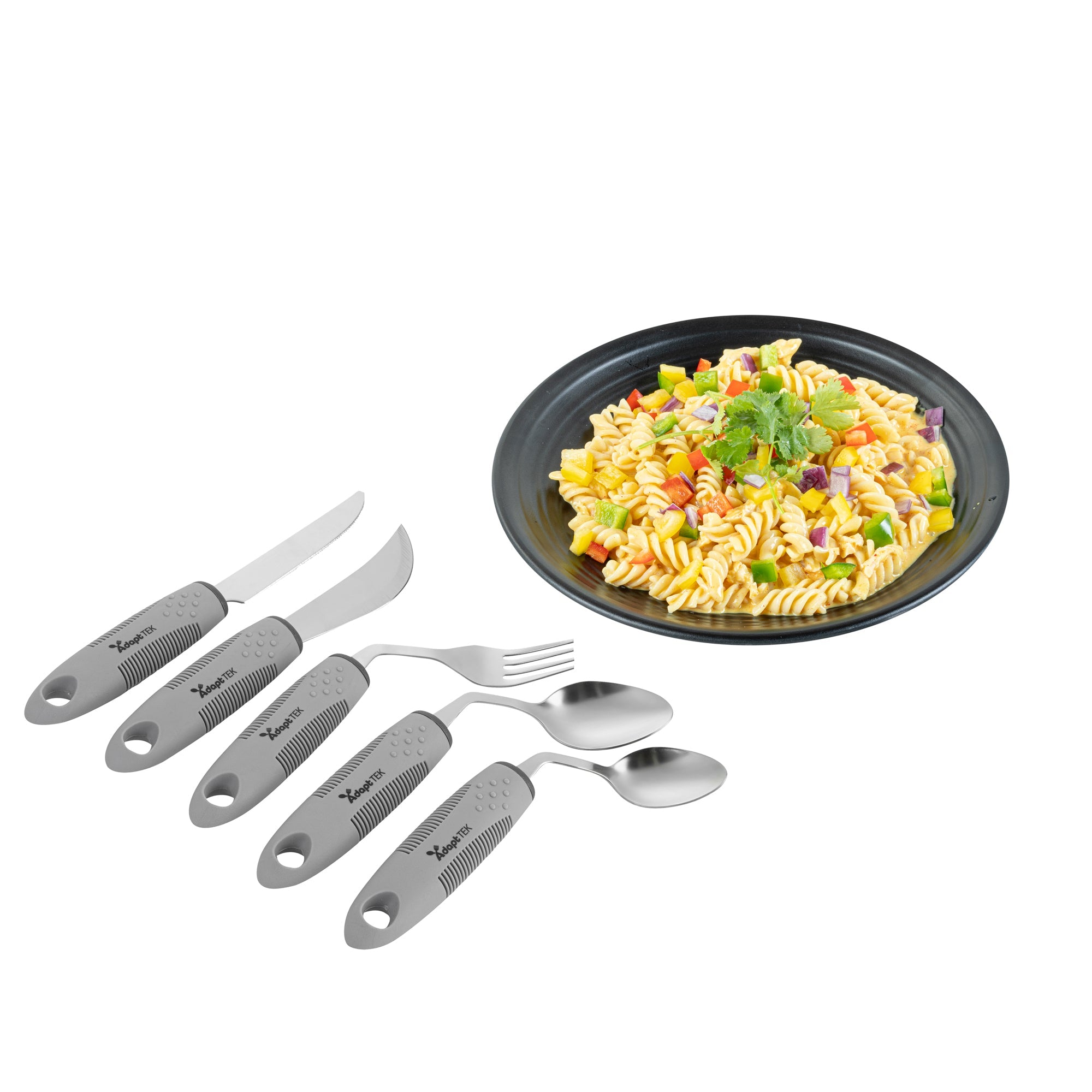 Adapt Tek Gray Stainless Steel 5-Piece Adaptive Offset Utensil Set - Left Hand, Lightweight, Non-Slip - 1 count box