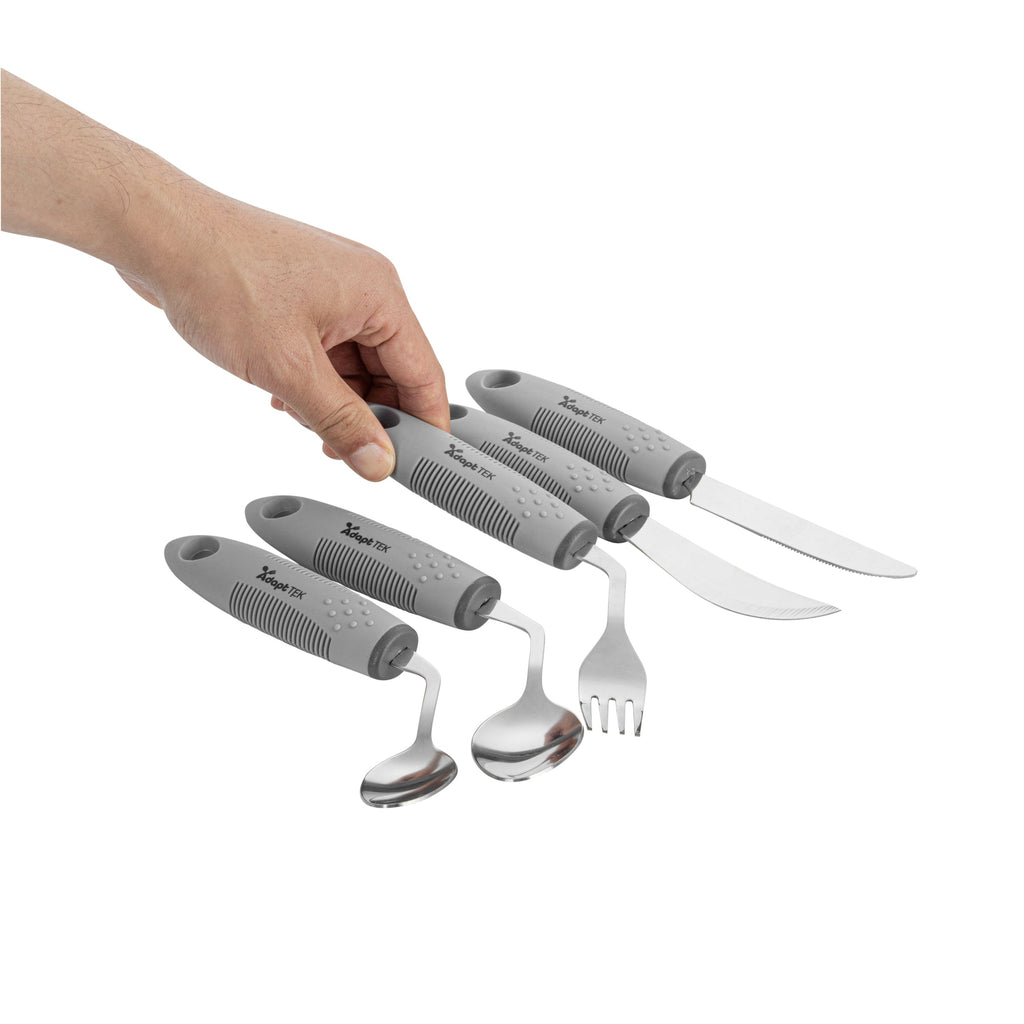 Adapt Tek Gray Stainless Steel 5-Piece Adaptive Offset Utensil Set - Left Hand, Lightweight, Non-Slip - 1 count box