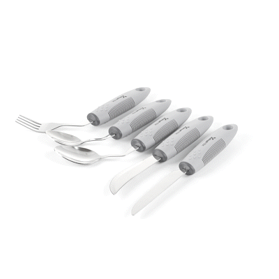 Adapt Tek Gray Stainless Steel 5-Piece Adaptive Offset Utensil Set - Left Hand, Lightweight, Non-Slip - 1 count box