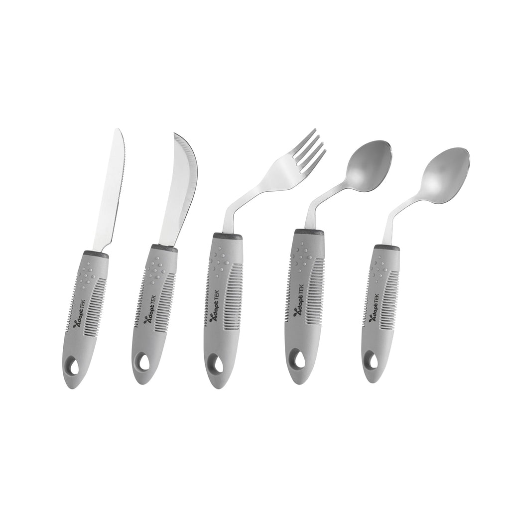 Adapt Tek Gray Stainless Steel 5-Piece Adaptive Offset Utensil Set - Left Hand, Lightweight, Non-Slip - 1 count box