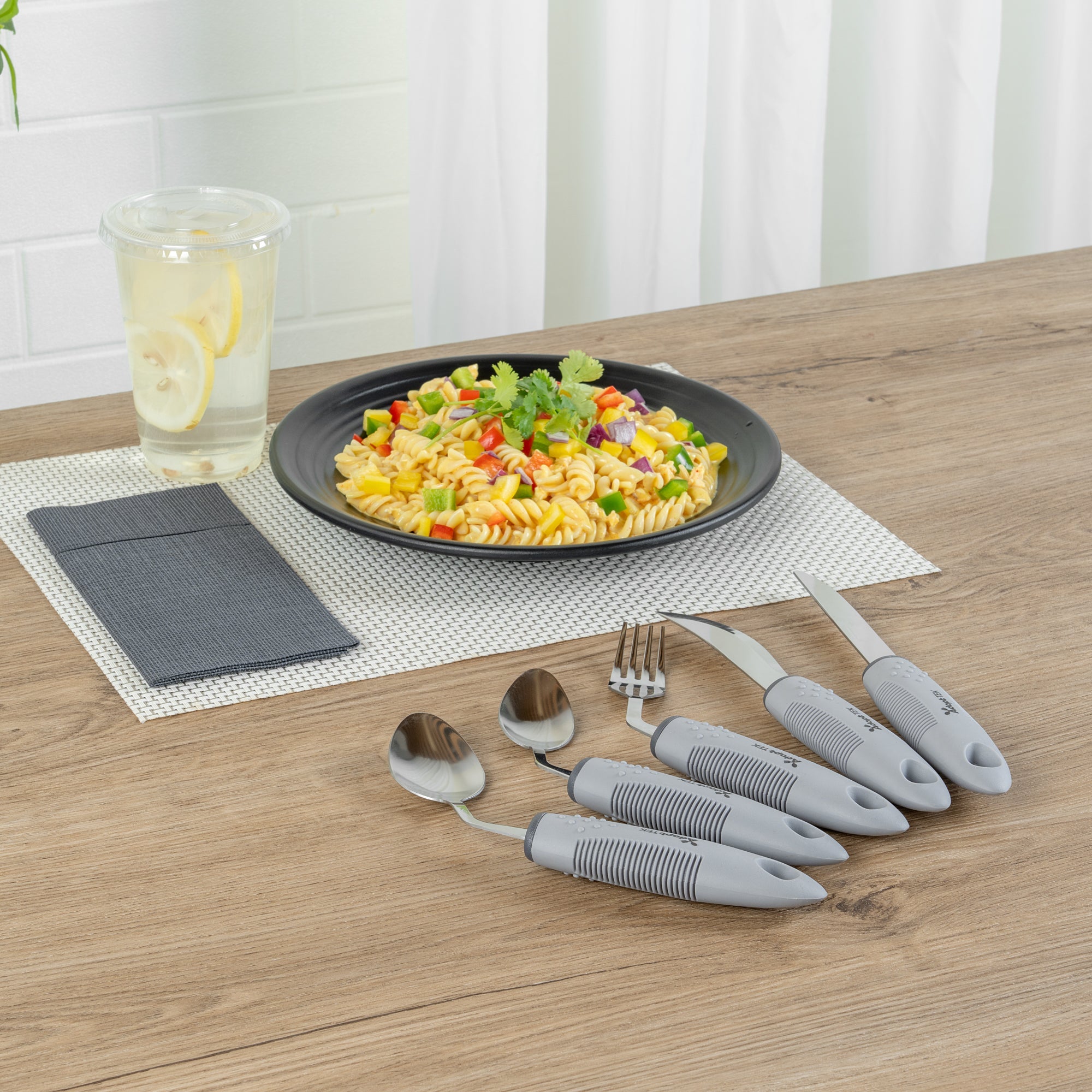 Adapt Tek Gray Stainless Steel 5-Piece Adaptive Offset Utensil Set - Left Hand, Lightweight, Non-Slip - 1 count box