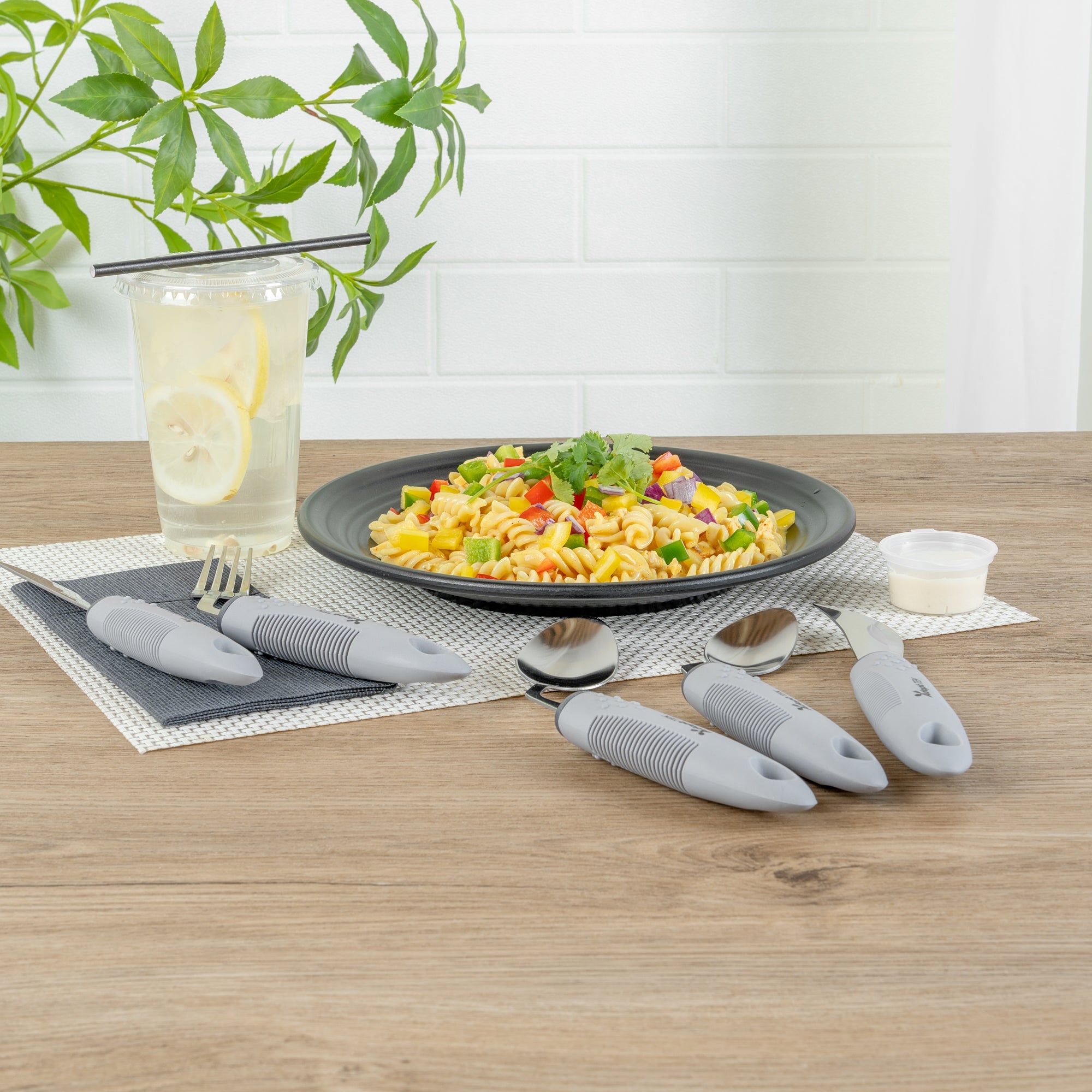 Adapt Tek Gray Stainless Steel 5-Piece Adaptive Offset Utensil Set - Left Hand, Lightweight, Non-Slip - 1 count box