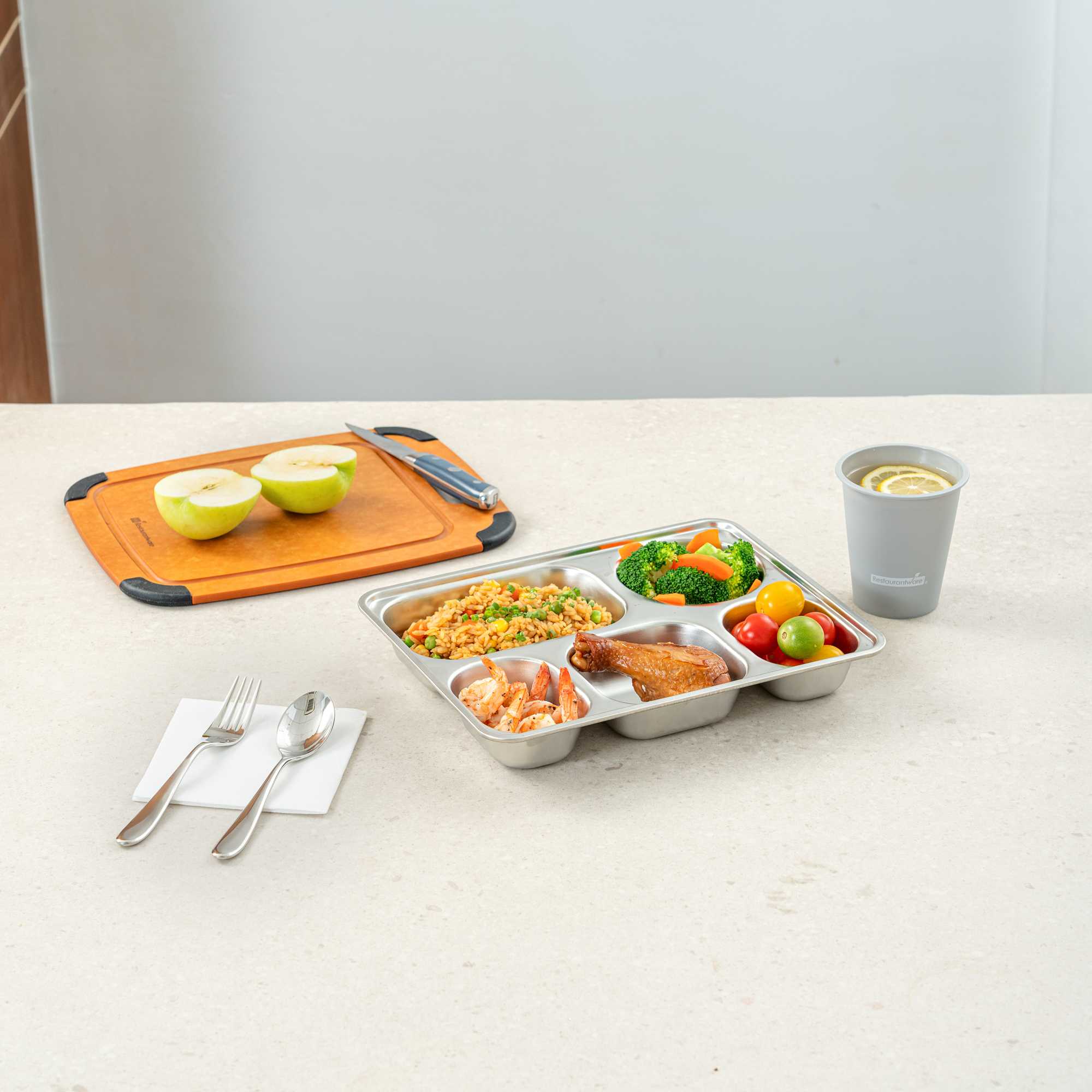 Met Lux Ambidextrous Rectangle Stainless Steel Tray - 5 Compartments - 11" x 8 3/4" x 1 3/4" - 2 count box