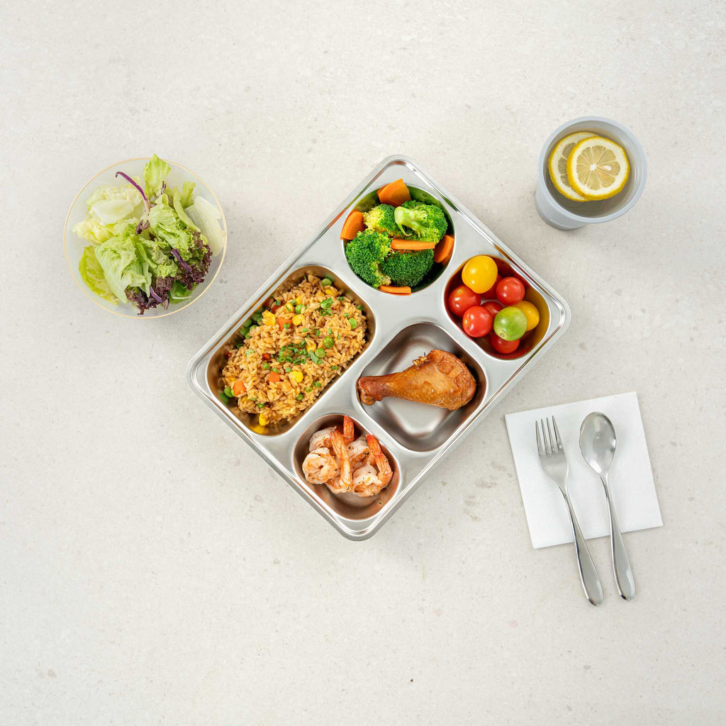 Met Lux Ambidextrous Rectangle Stainless Steel Tray - 5 Compartments - 11" x 8 3/4" x 1 3/4" - 2 count box