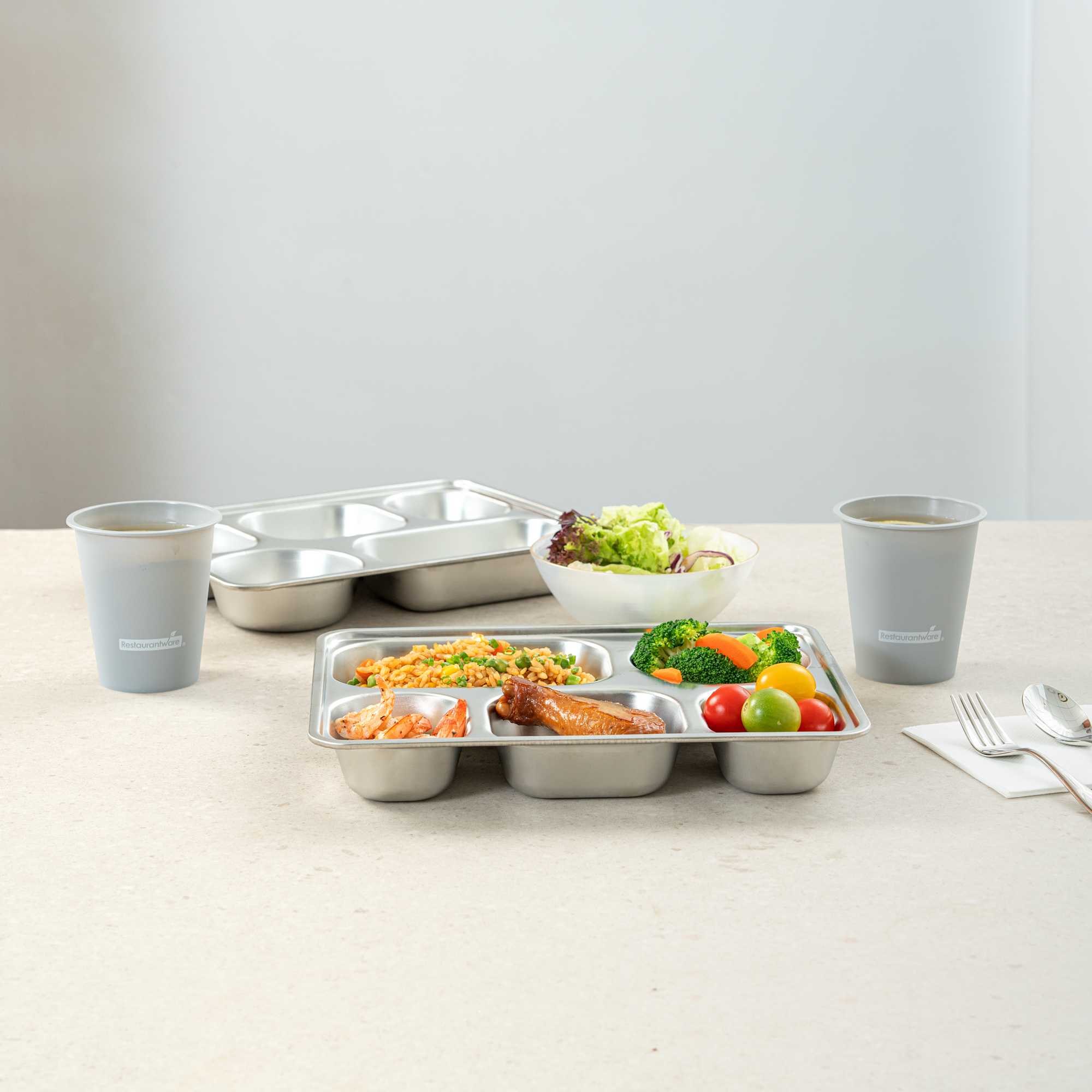 Met Lux Ambidextrous Rectangle Stainless Steel Tray - 5 Compartments - 11" x 8 3/4" x 1 3/4" - 2 count box