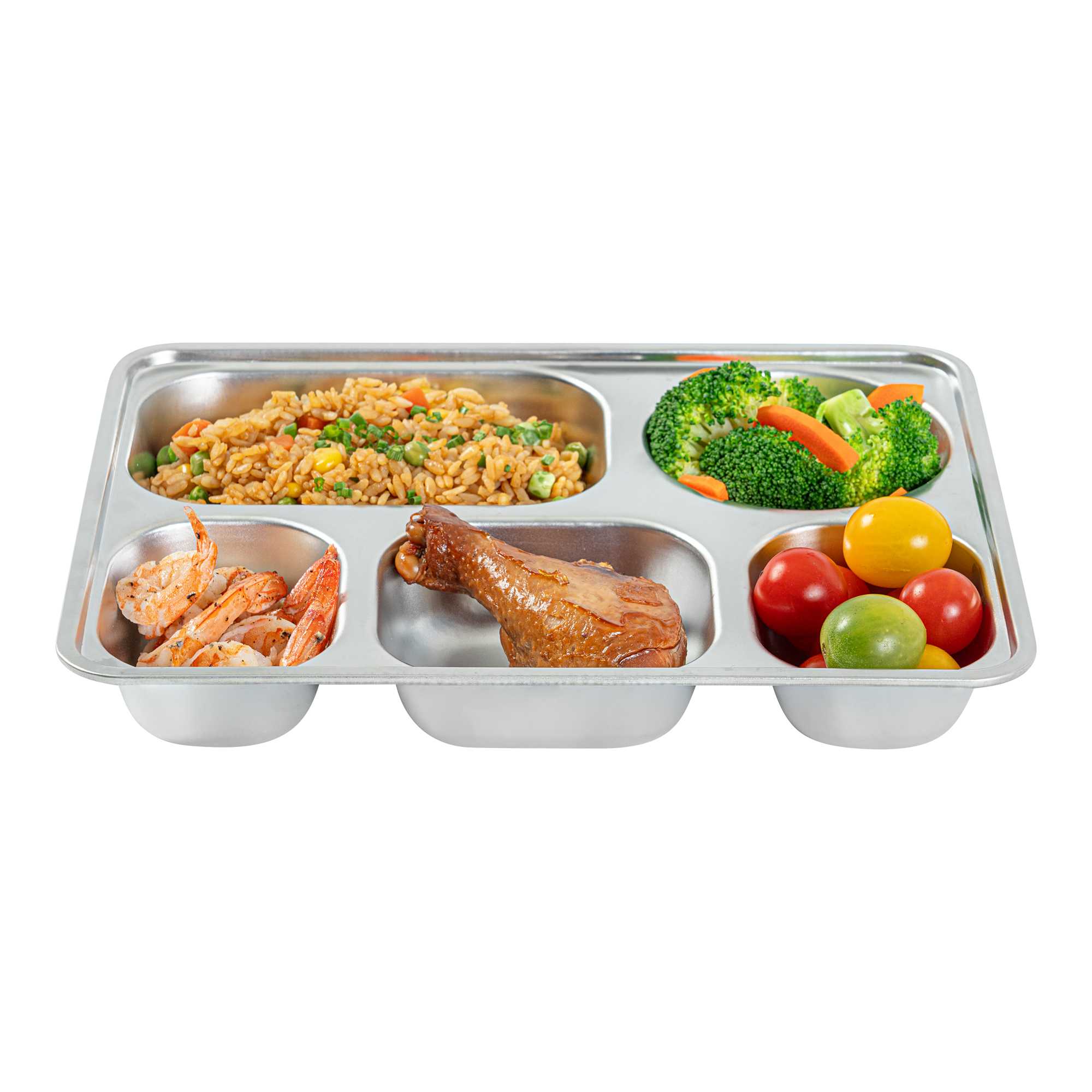 Met Lux Ambidextrous Rectangle Stainless Steel Tray - 5 Compartments - 11" x 8 3/4" x 1 3/4" - 20 count box