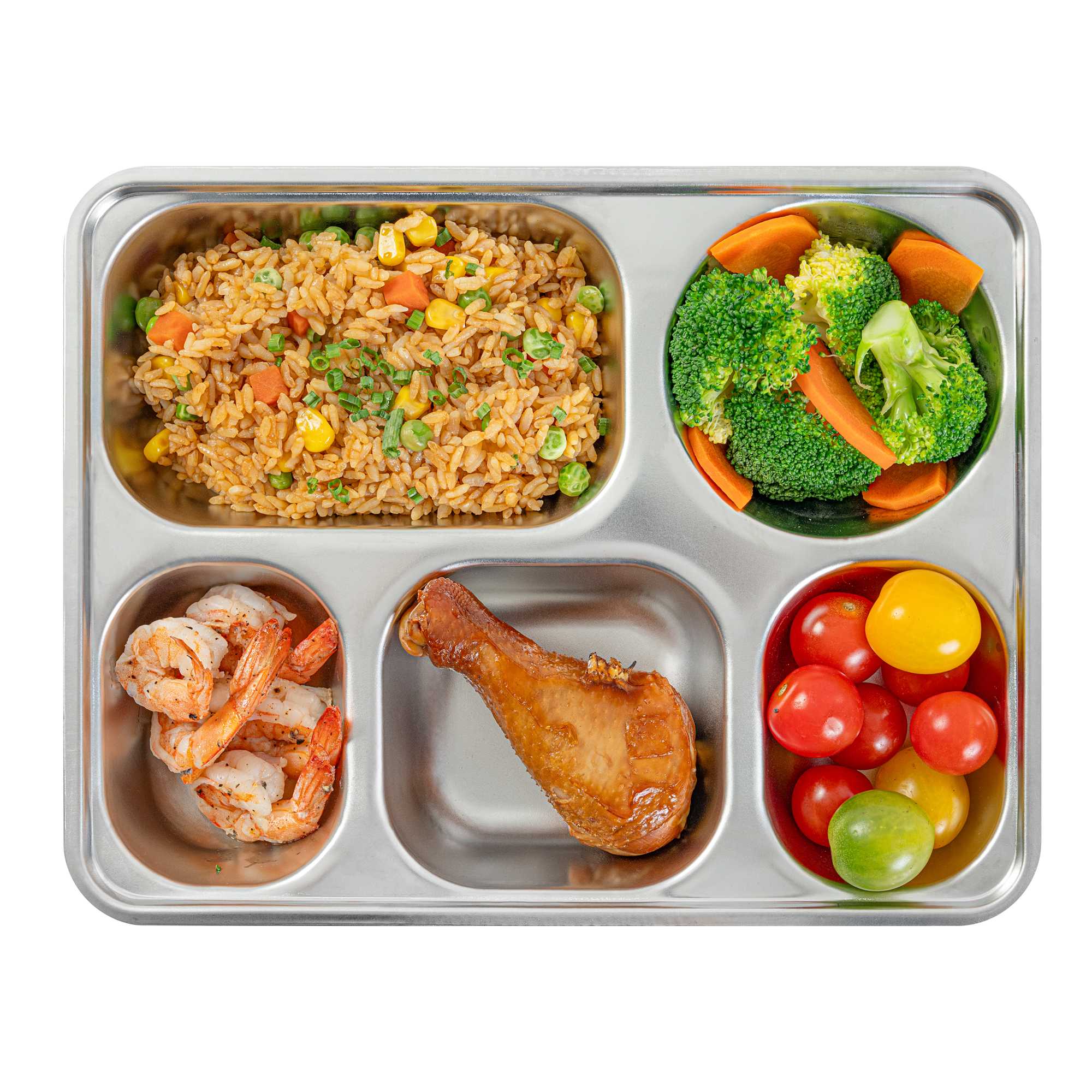 Met Lux Ambidextrous Rectangle Stainless Steel Tray - 5 Compartments - 11" x 8 3/4" x 1 3/4" - 20 count box