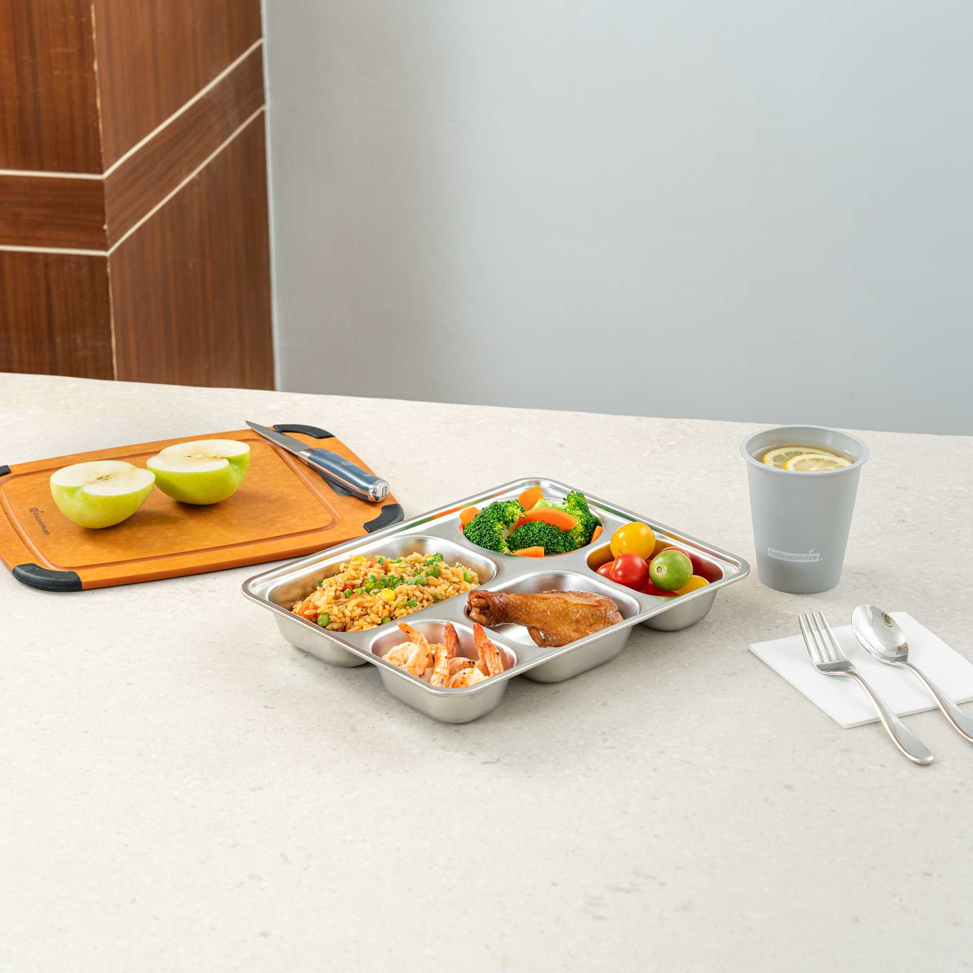 Met Lux Ambidextrous Rectangle Stainless Steel Tray - 5 Compartments - 11" x 8 3/4" x 1 3/4" - 20 count box