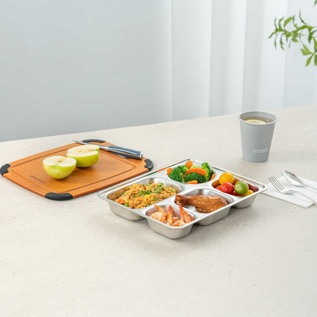 Met Lux Ambidextrous Rectangle Stainless Steel Tray - 5 Compartments - 11" x 8 3/4" x 1 3/4" - 20 count box