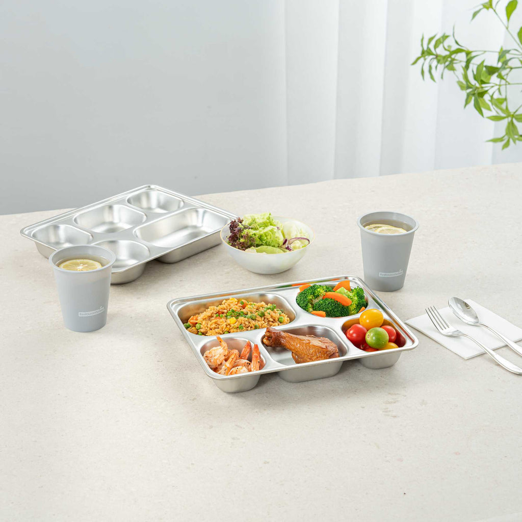 Met Lux Ambidextrous Rectangle Stainless Steel Tray - 5 Compartments - 11" x 8 3/4" x 1 3/4" - 20 count box