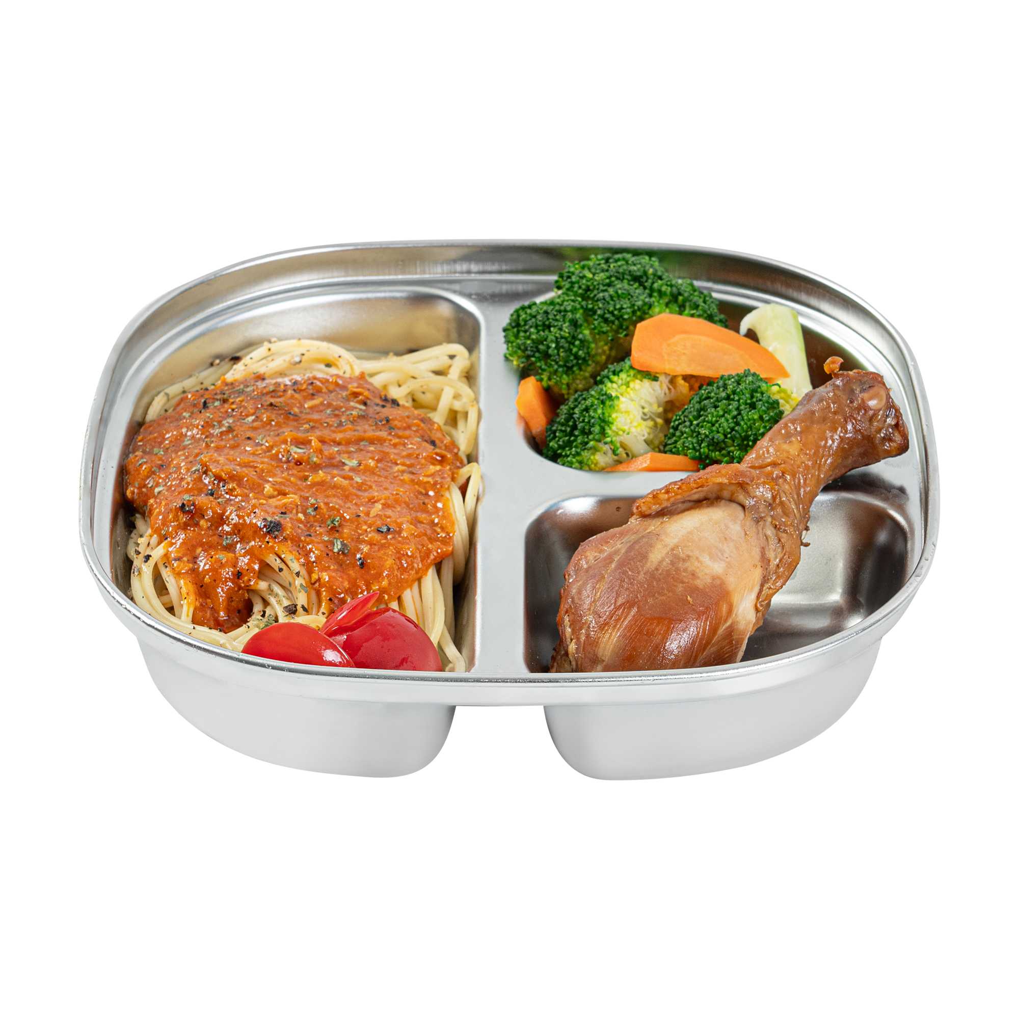 Met Lux Ambidextrous Square Stainless Steel Tray - 3 Compartments - 7 3/4" x 7 3/4" x 1 3/4" - 2 count box