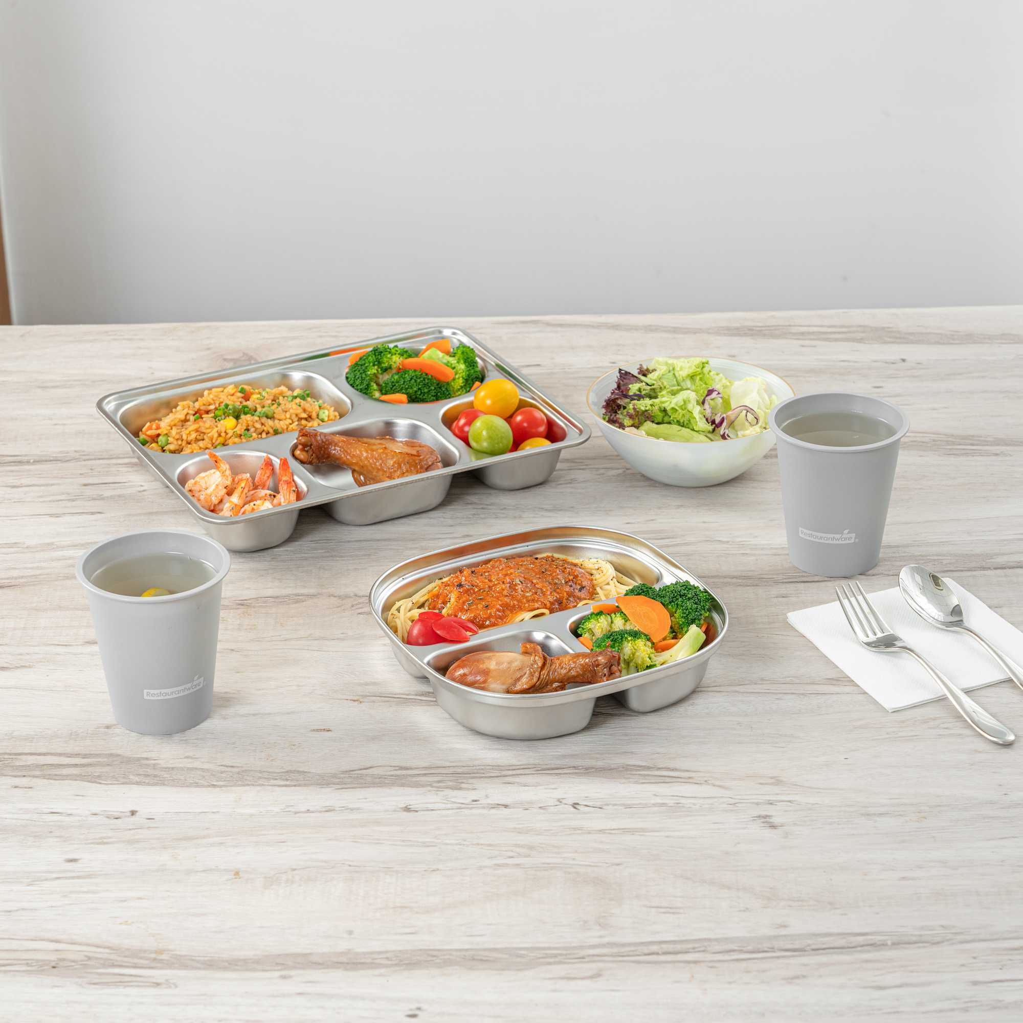Met Lux Ambidextrous Square Stainless Steel Tray - 3 Compartments - 7 3/4" x 7 3/4" x 1 3/4" - 2 count box