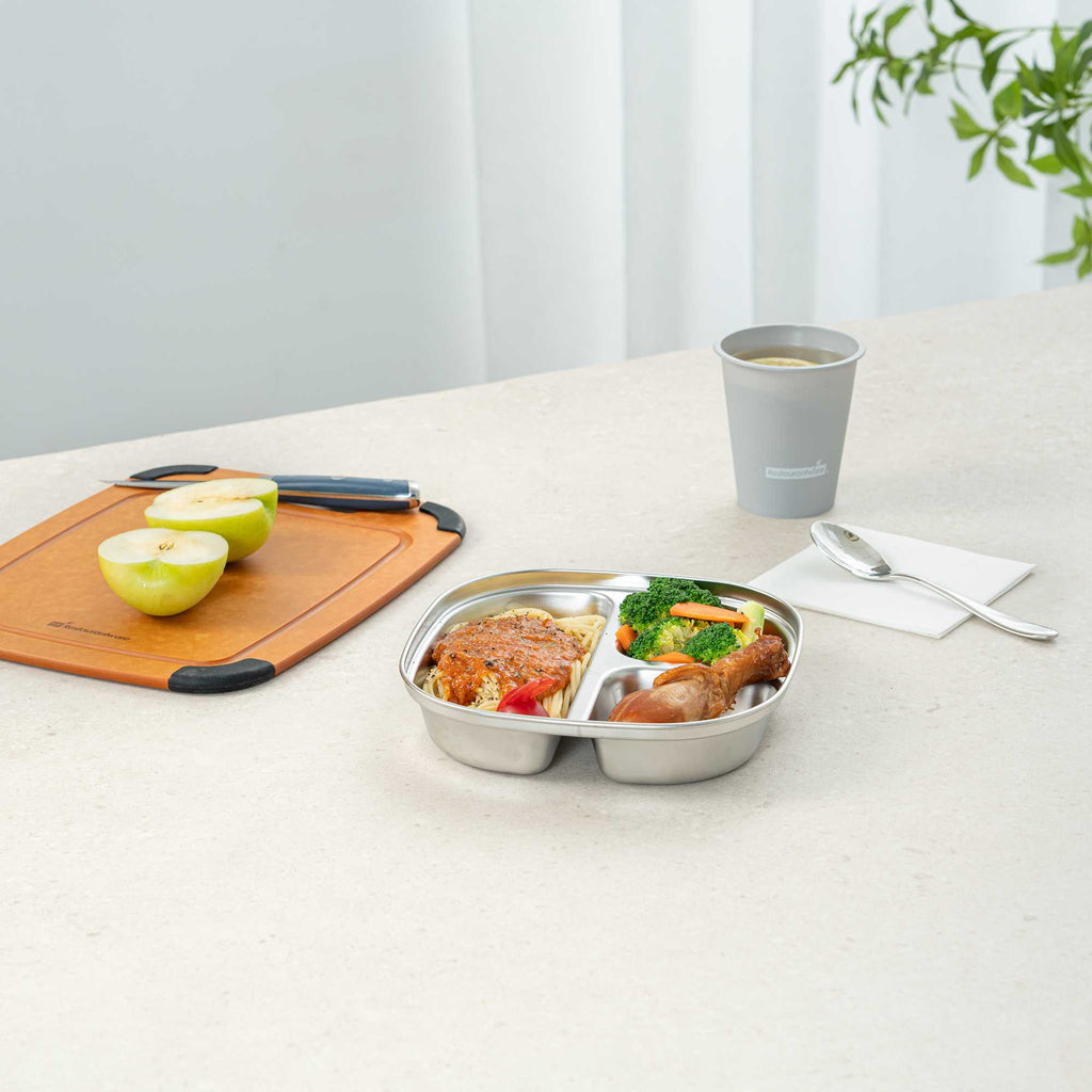 Met Lux Ambidextrous Square Stainless Steel Tray - 3 Compartments - 7 3/4" x 7 3/4" x 1 3/4" - 2 count box
