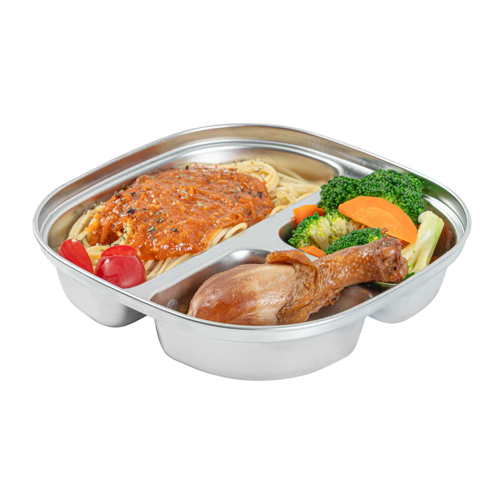 Met Lux Ambidextrous Square Stainless Steel Tray - 3 Compartments - 7 3/4" x 7 3/4" x 1 3/4" - 20 count box