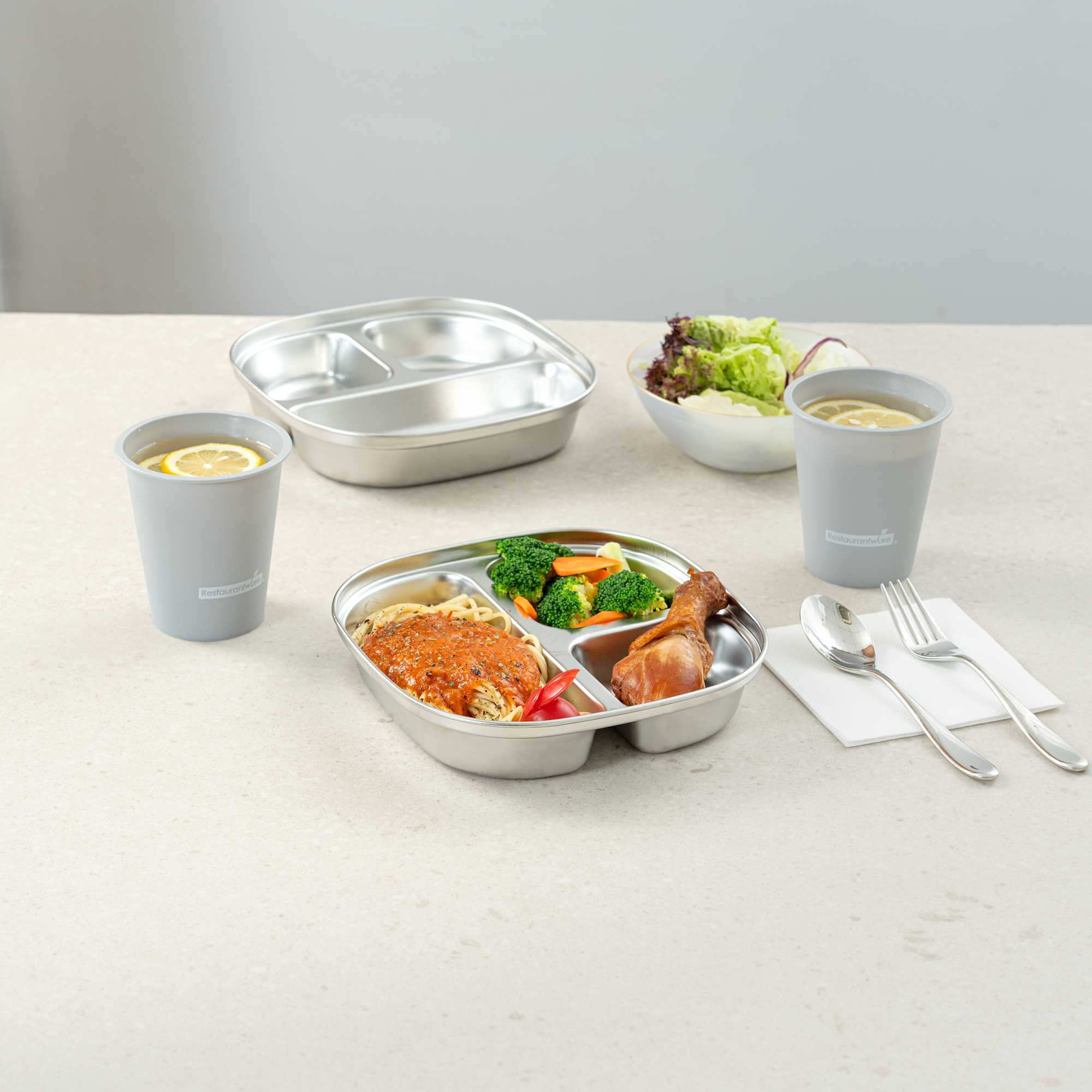 Met Lux Ambidextrous Square Stainless Steel Tray - 3 Compartments - 7 3/4" x 7 3/4" x 1 3/4" - 20 count box