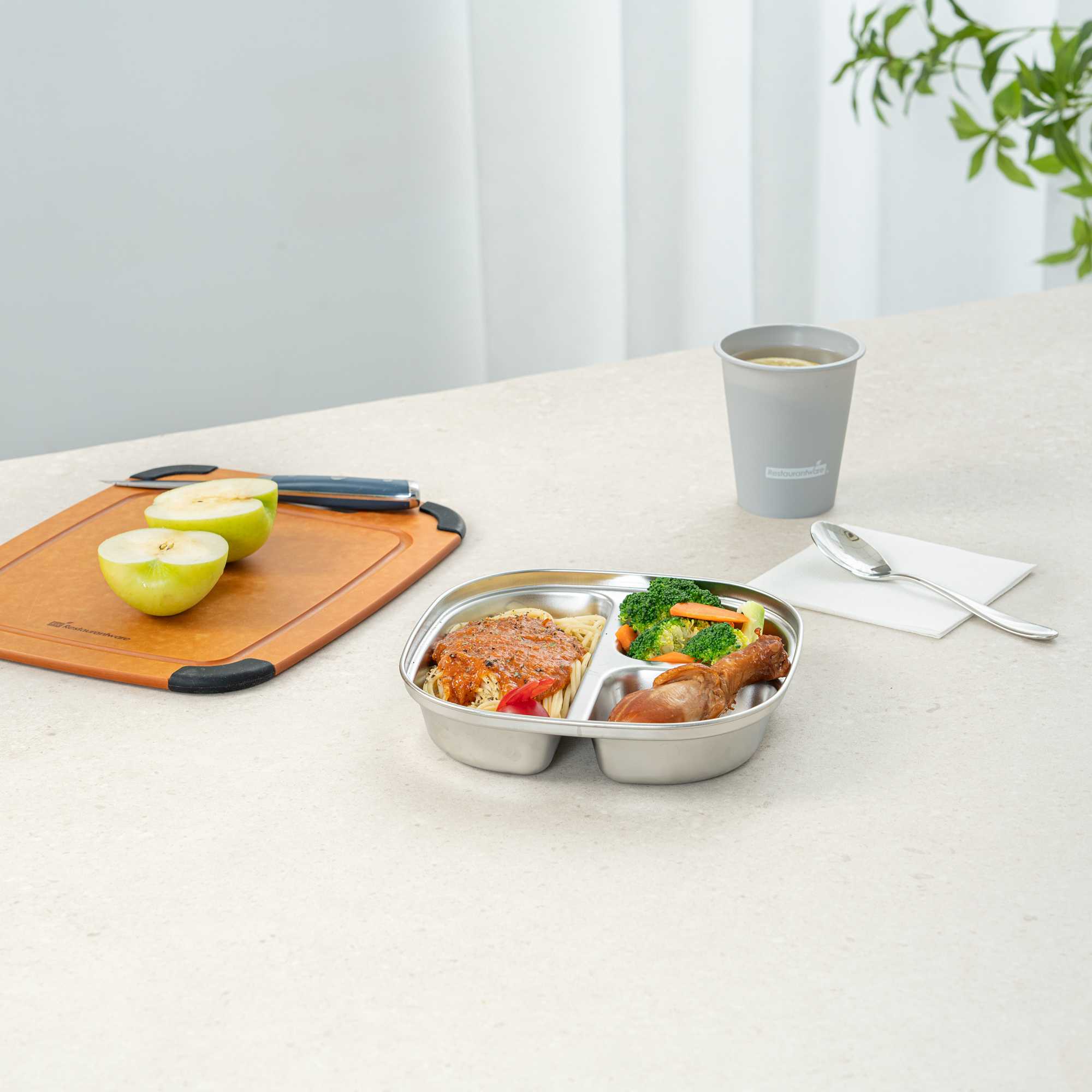 Met Lux Ambidextrous Square Stainless Steel Tray - 3 Compartments - 7 3/4" x 7 3/4" x 1 3/4" - 20 count box
