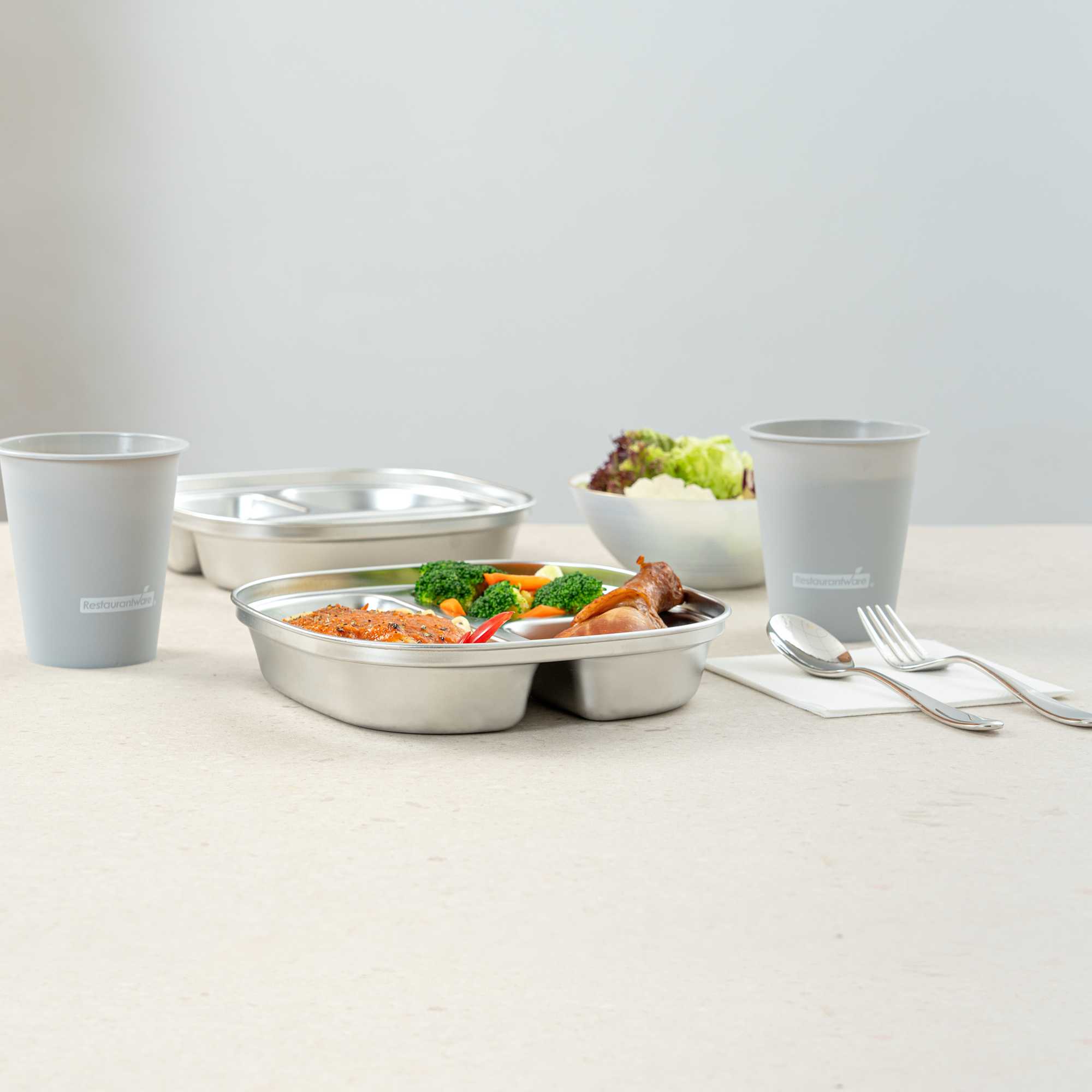 Met Lux Ambidextrous Square Stainless Steel Tray - 3 Compartments - 7 3/4" x 7 3/4" x 1 3/4" - 20 count box